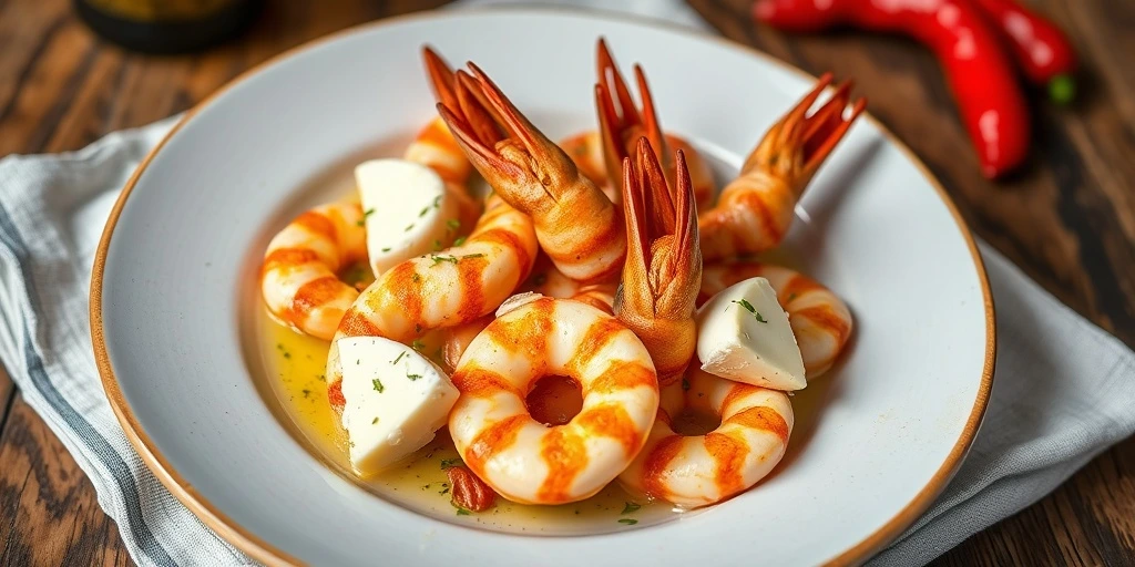 Gambas al ajillo con queso brie y Mahón