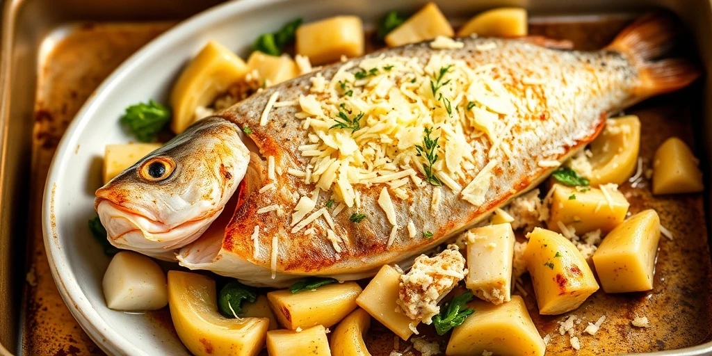 Lubina al horno con queso y alcachofas