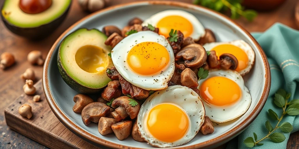 Foto de Lomo al ajillo keto con aguacate y huevos