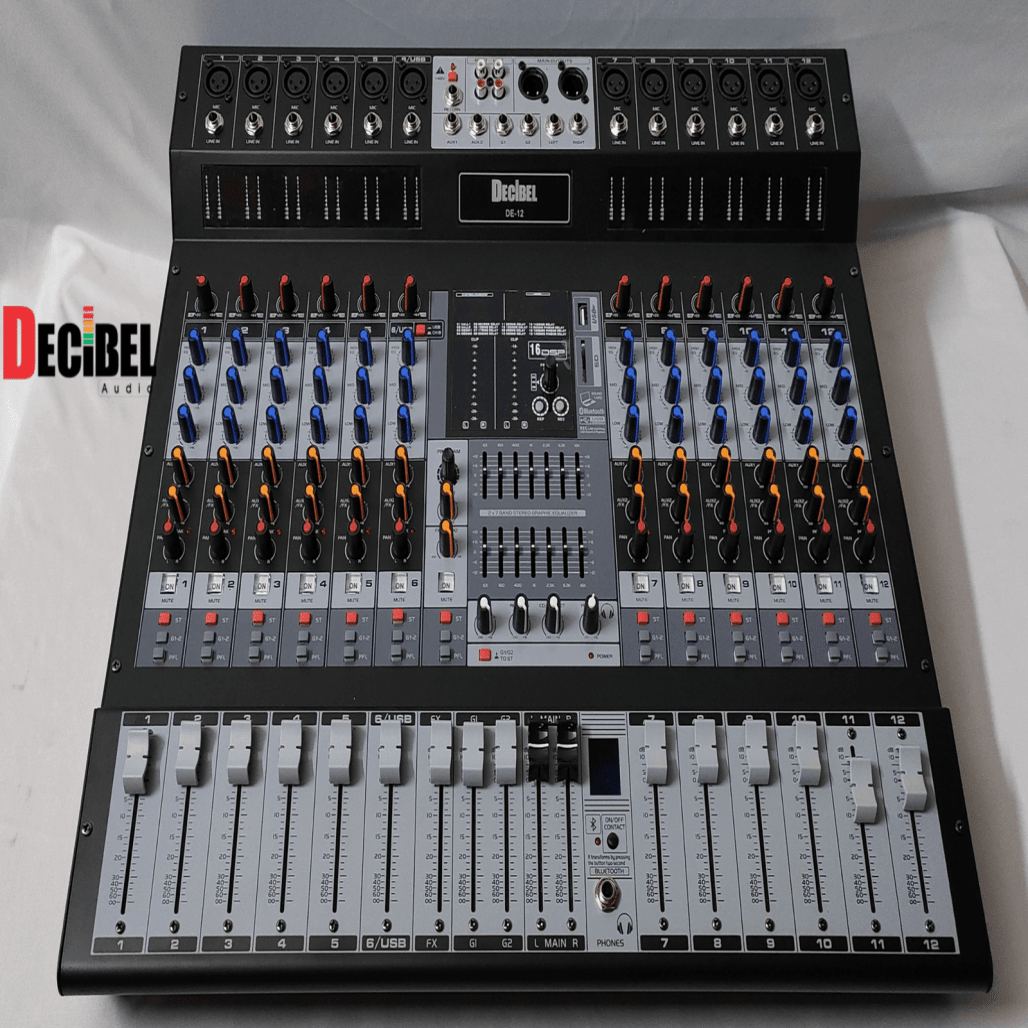 Decibel DE12 12-Channel Powered Mixer DECIBEL Bluetooth Streaming and USB MP3 Interface main view audio equipment Kenya