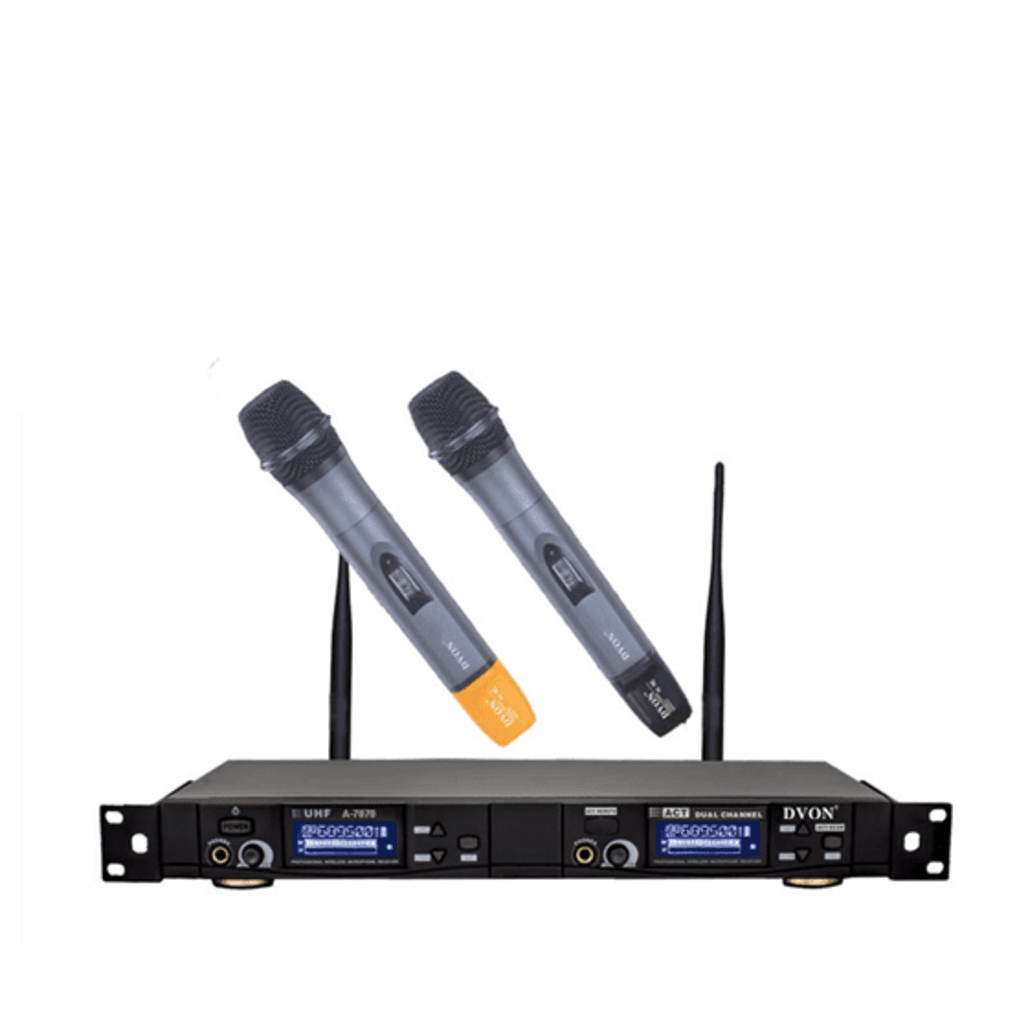 DVON 7070 Dual Professional Wireless Microphone DVON AA Battery powered (Transmitters) / DC Power (Receiver) Heavy-Duty Metal Handheld with LCD Display main view audio equipment Kenya