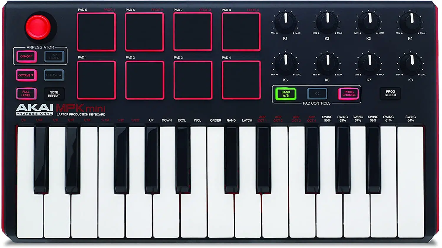 Akai Professional MPK Mini MKII Keyboard Controller AKAI 8 backlit velocity- and pressure-sensitive MPC-style pads USB-MIDI, bus powered, plug-and-play (Mac/PC) main view audio equipment Kenya