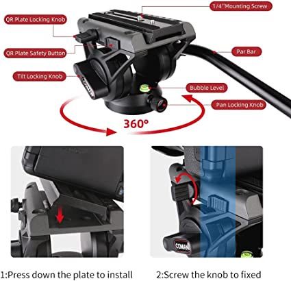 COMAN Professional Heavy-Duty Video Tripod with Fluid Head - Image 3