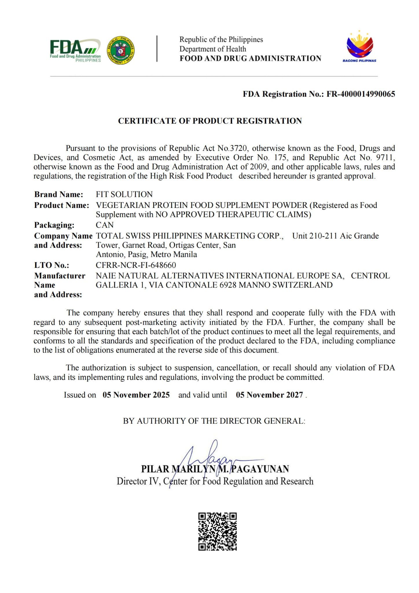 FDA Certificate
