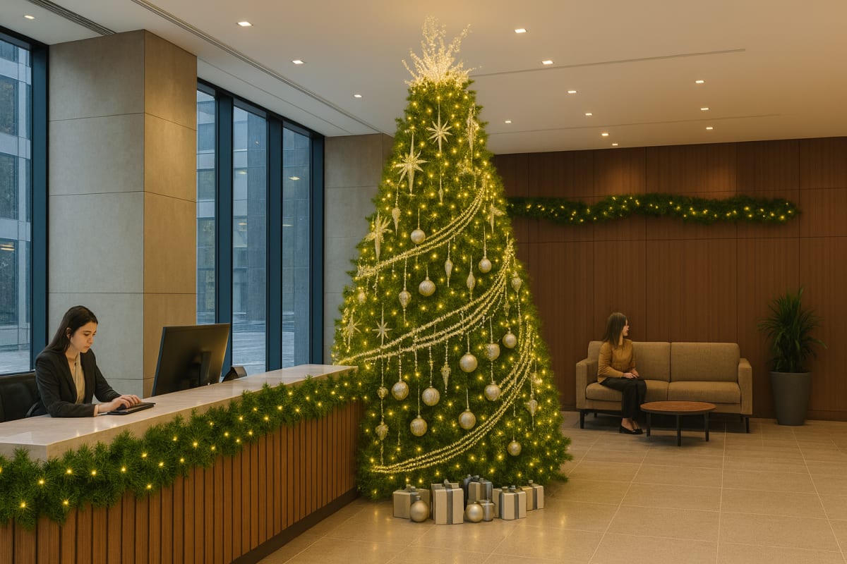 Современный ресепшен с высокой ёлкой и тёплой иллюминацией