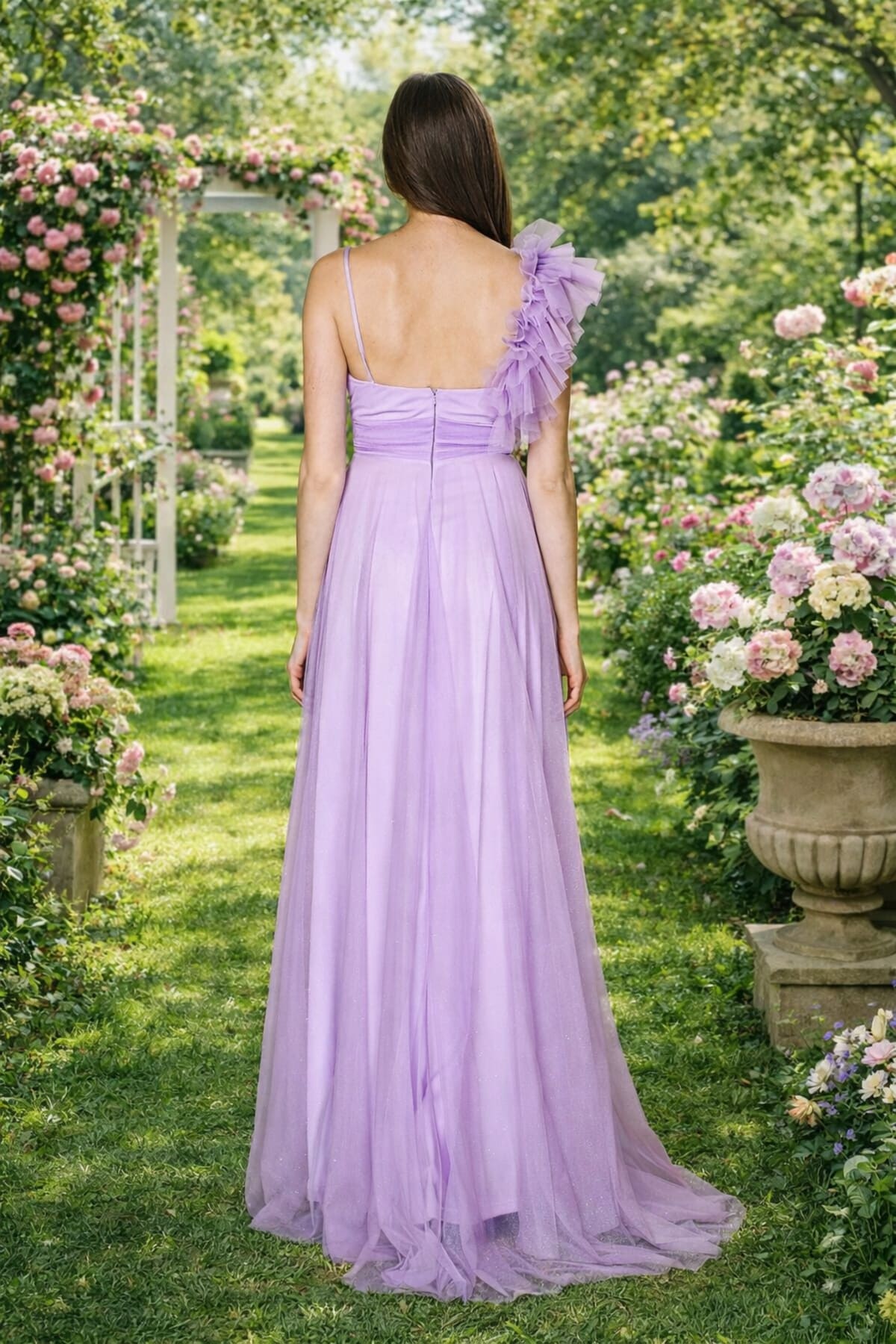 Liliana — robe longue tulle pailleté buste croisé ceinture