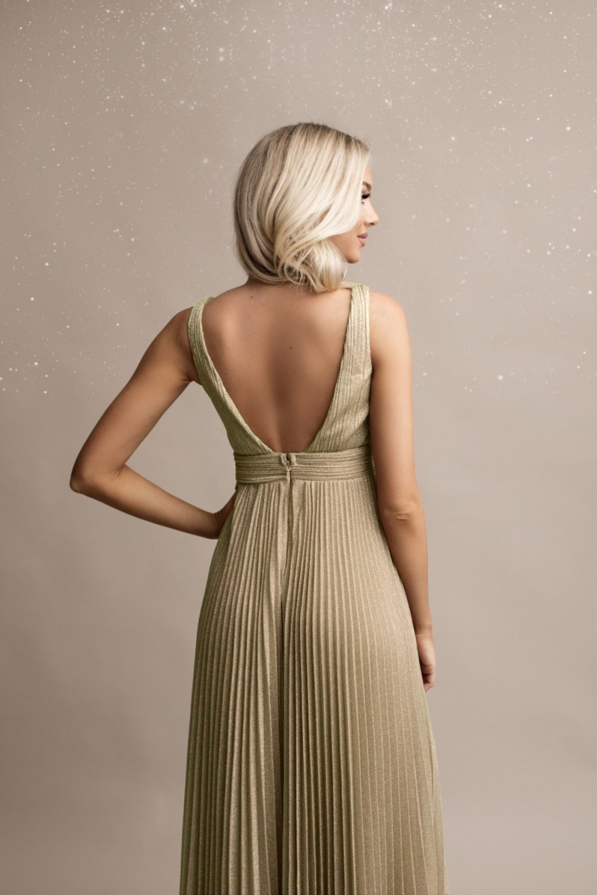 Joely — robe longue fluide plissé soleil pailleté irisé doré