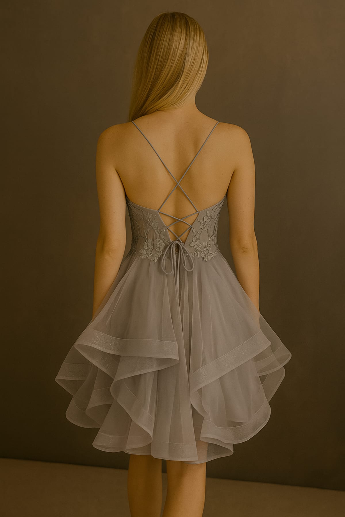 Evita — robe courte bustier tulle brodé sequins laçage dos jupe volantée