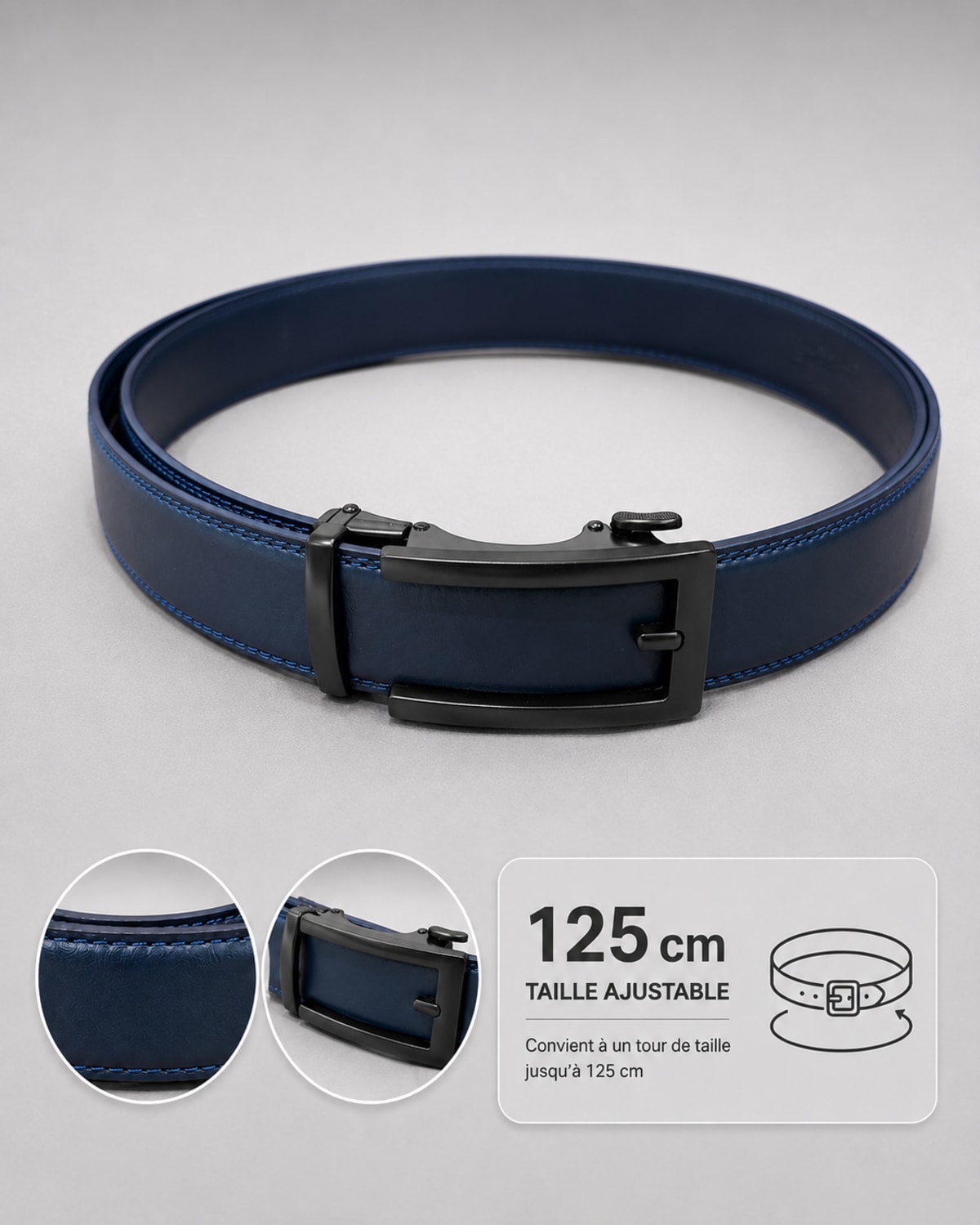 Ceinture homme bleu marine ajustable boucle automatique rectangulaire en métal noir