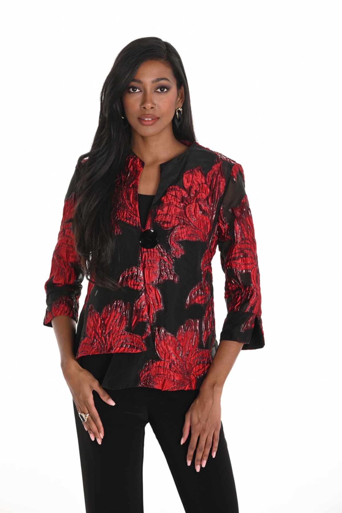 Veste Viliana organza noir satin rouge motifs floraux