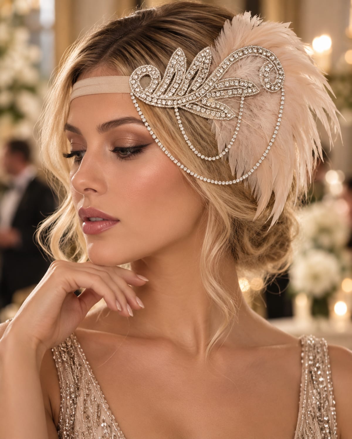 Bandeau bijou à plumes rose poudré