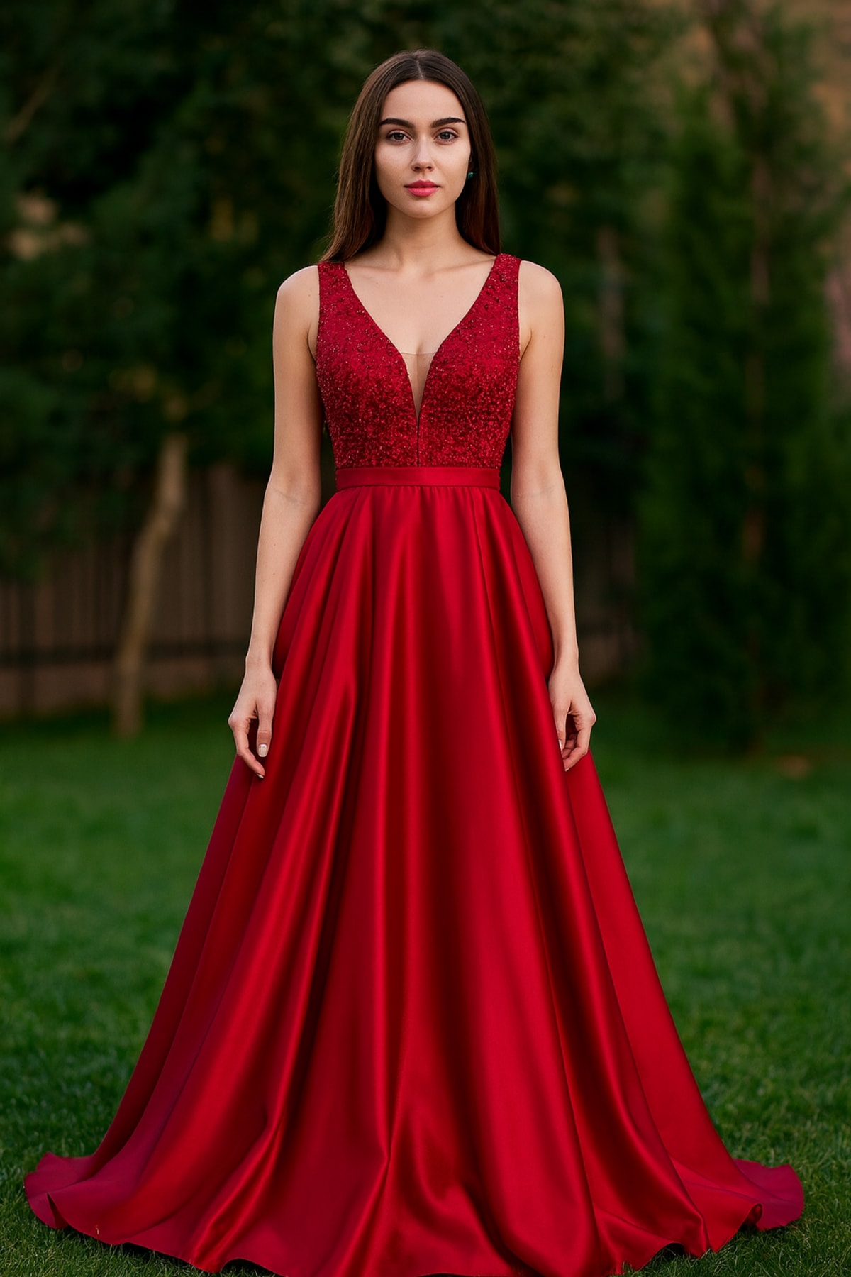 Ciara — robe longue satin fluide décolleté V paillettes perles