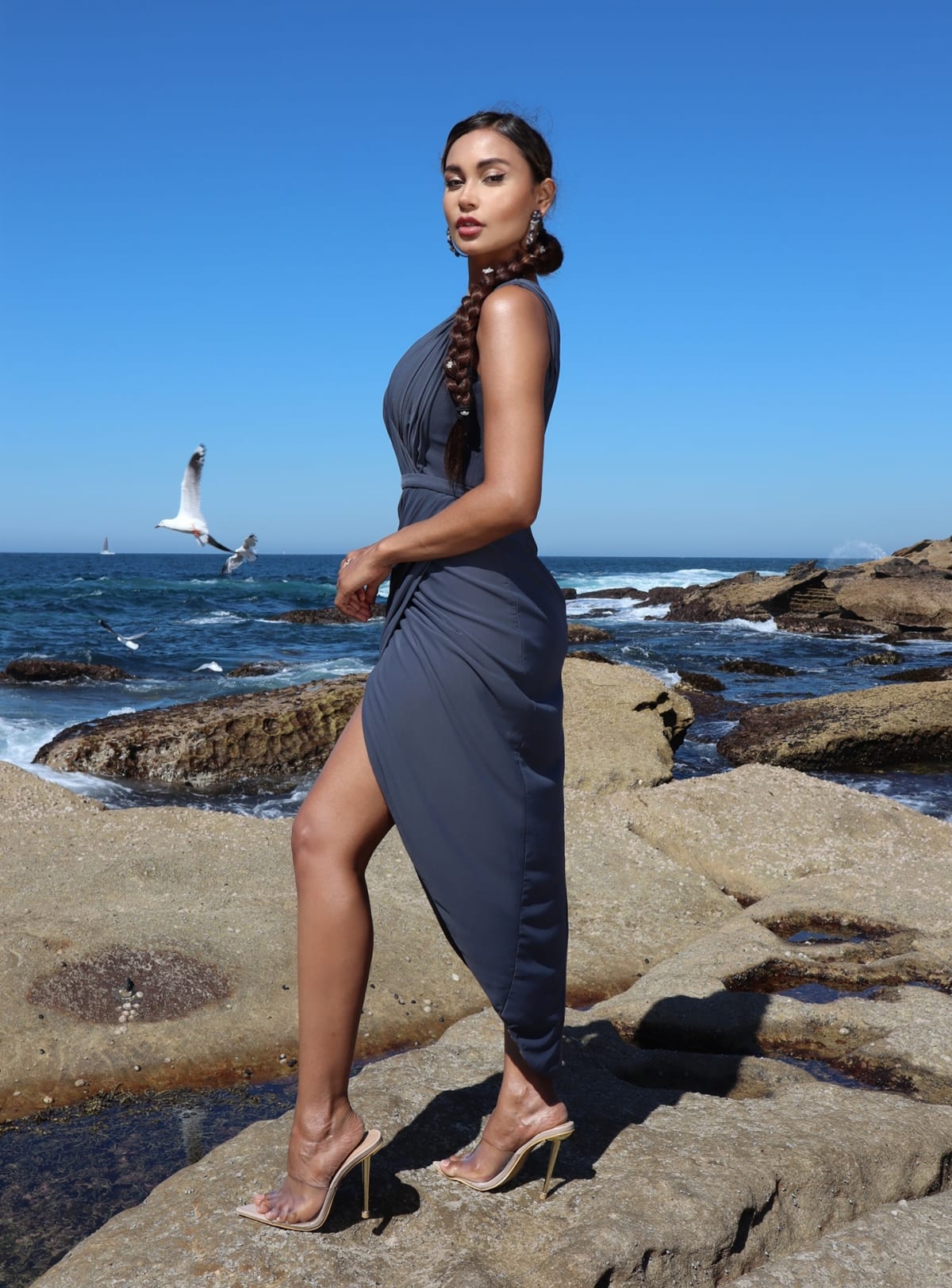 Naïs robe longueur 3/4 mesh souple décolleté V plissés jupe cache cœur