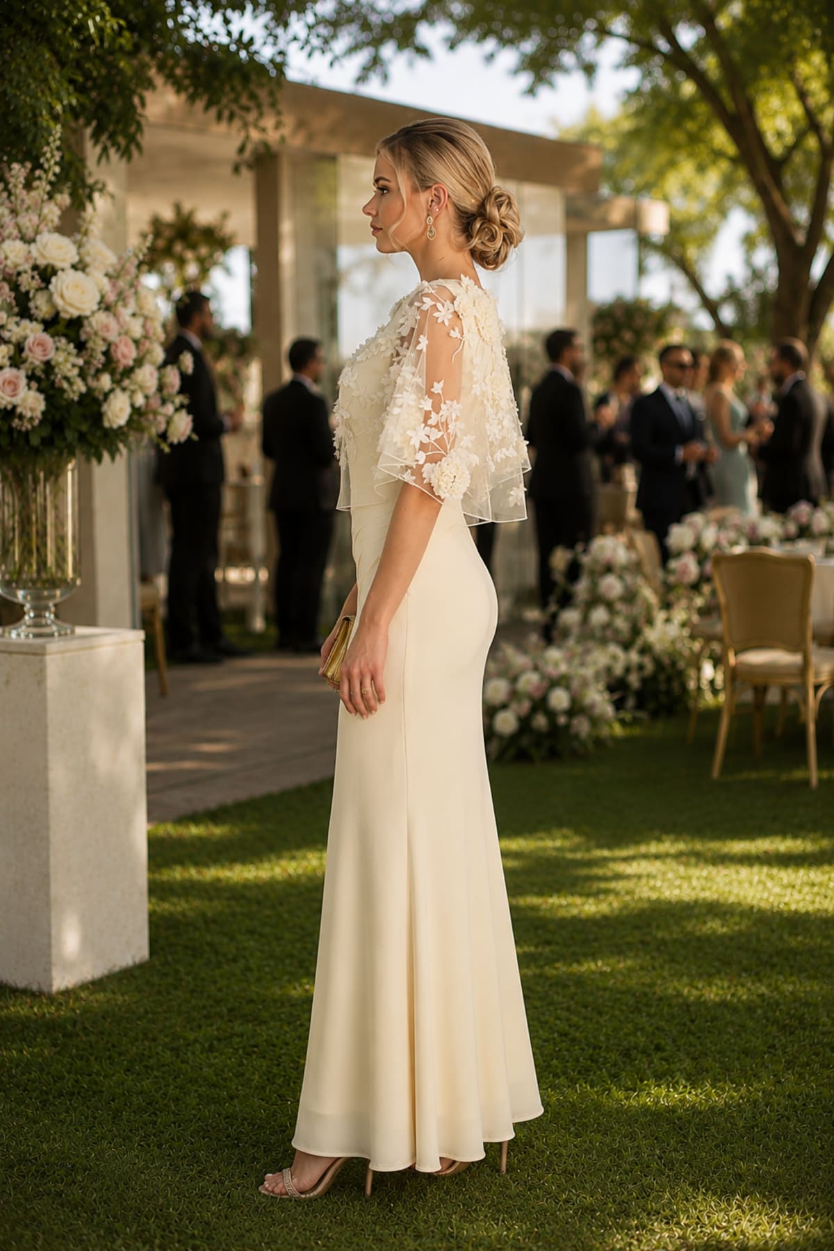 Mickaela — robe longue fluide empiècement tulle applications florales
