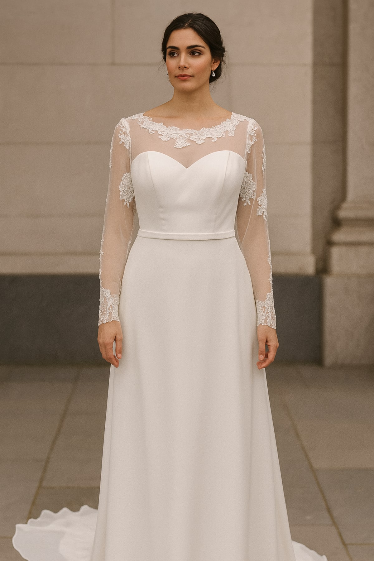 Delphine — robe de mariée longue manches dentelle sequins tulle boutons dos