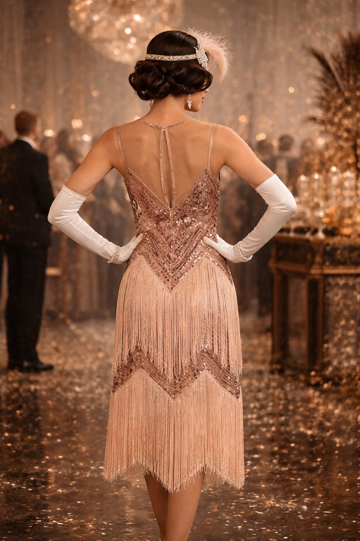 Suzanne — robe mi-longue tulle sequins franges décolleté transparent