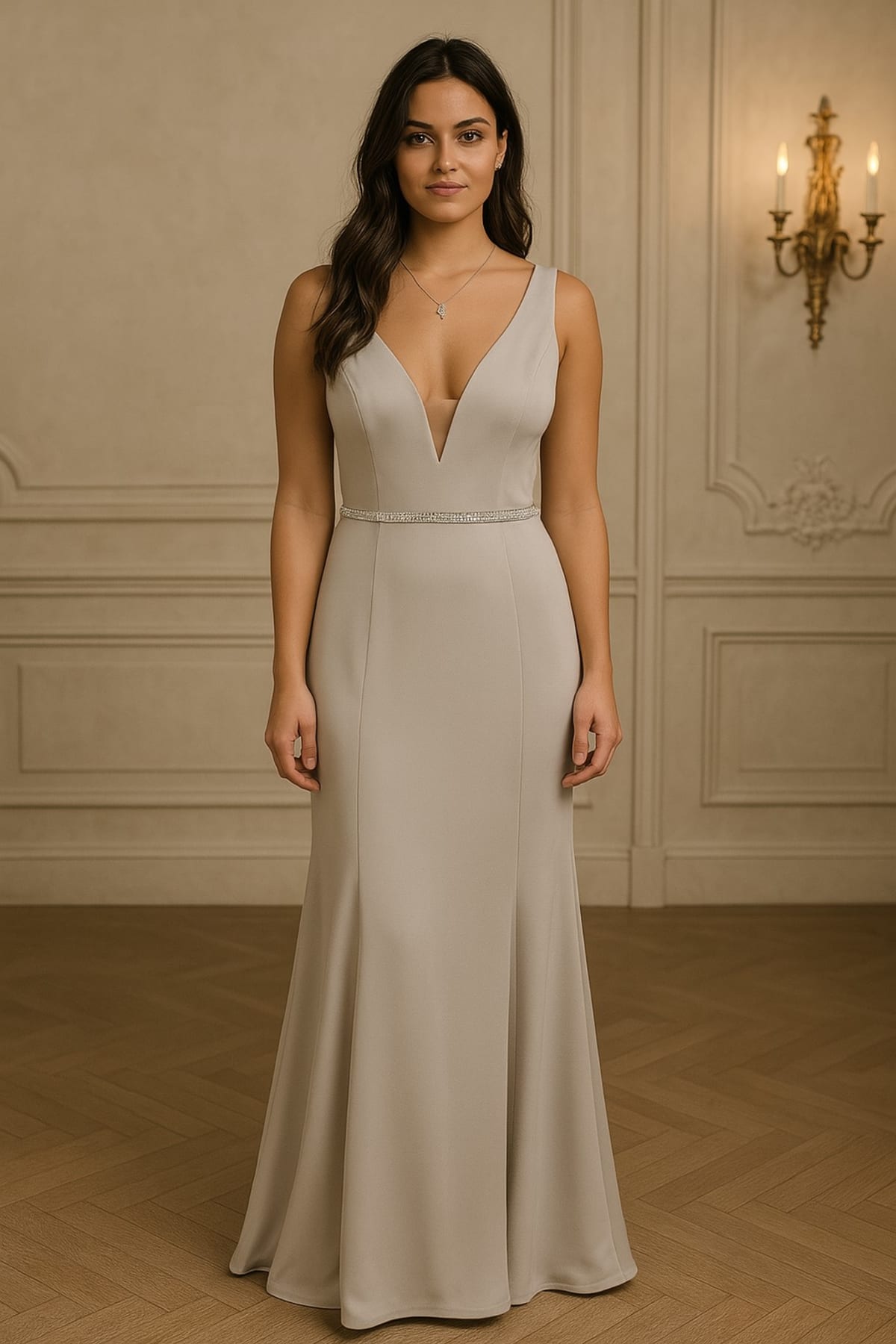 Juliana — robe satin près du corps décolleté V ceinture strass