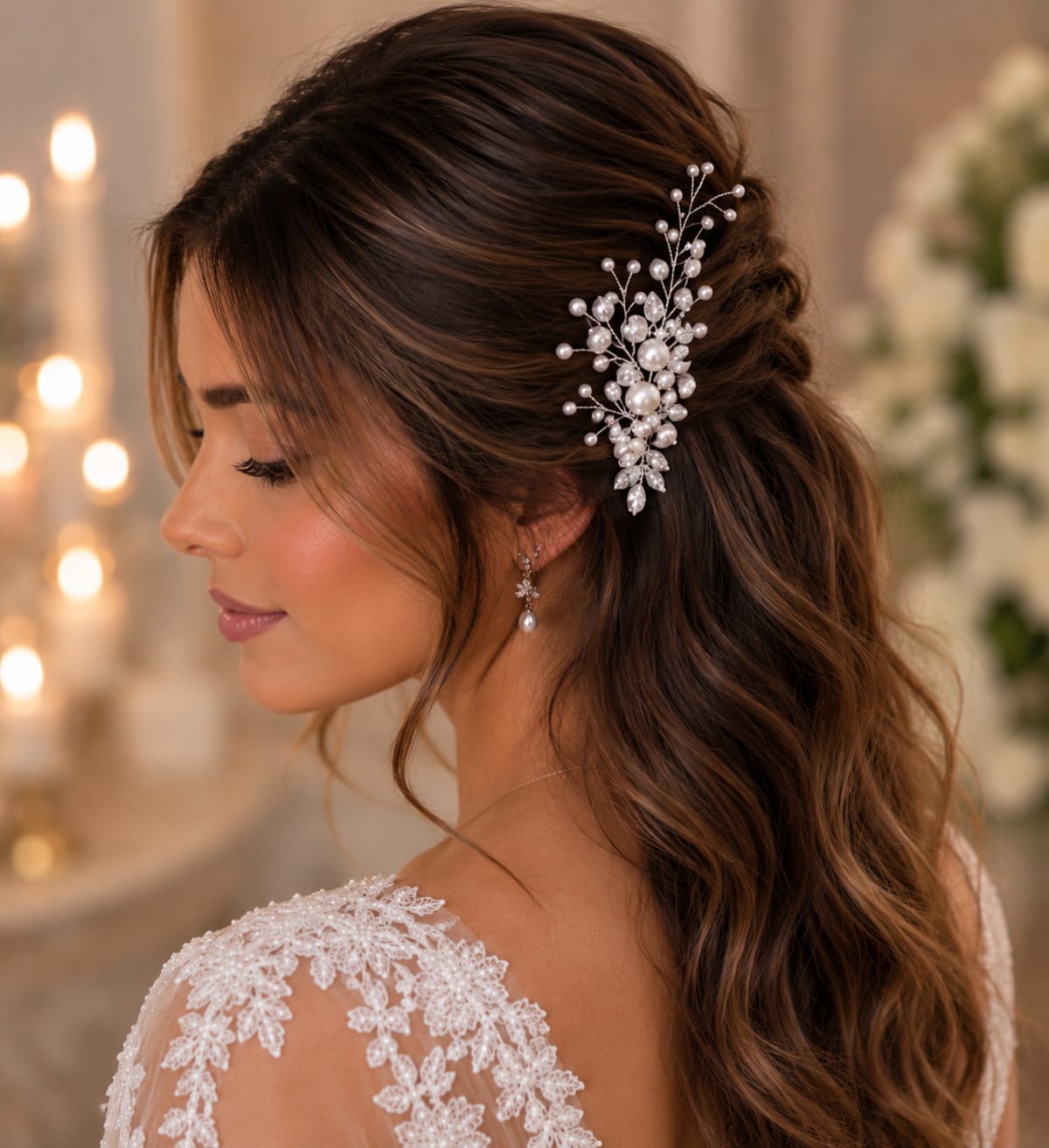 Barrette en perles et feuilles cristaux argentés