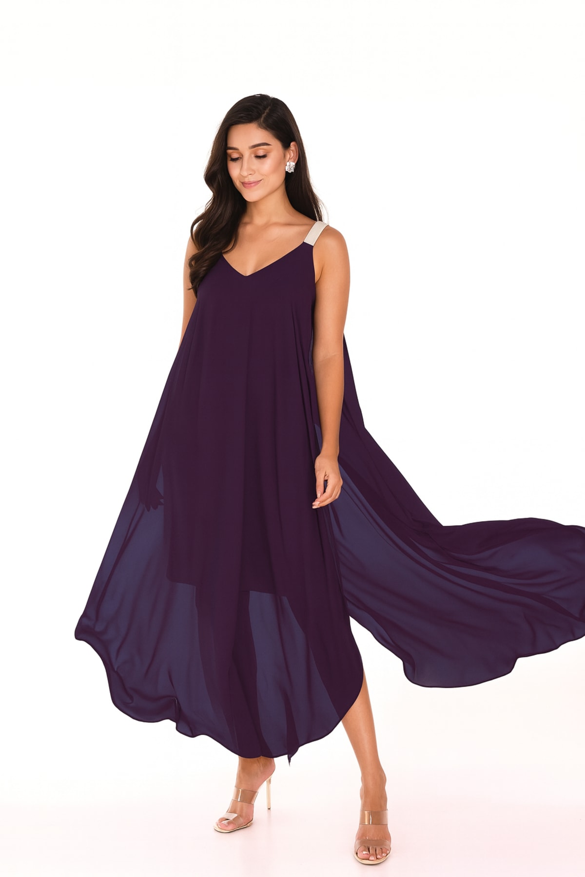 Ysalis — robe cocktail voilages doublure courte bretelles strass décolleté V
