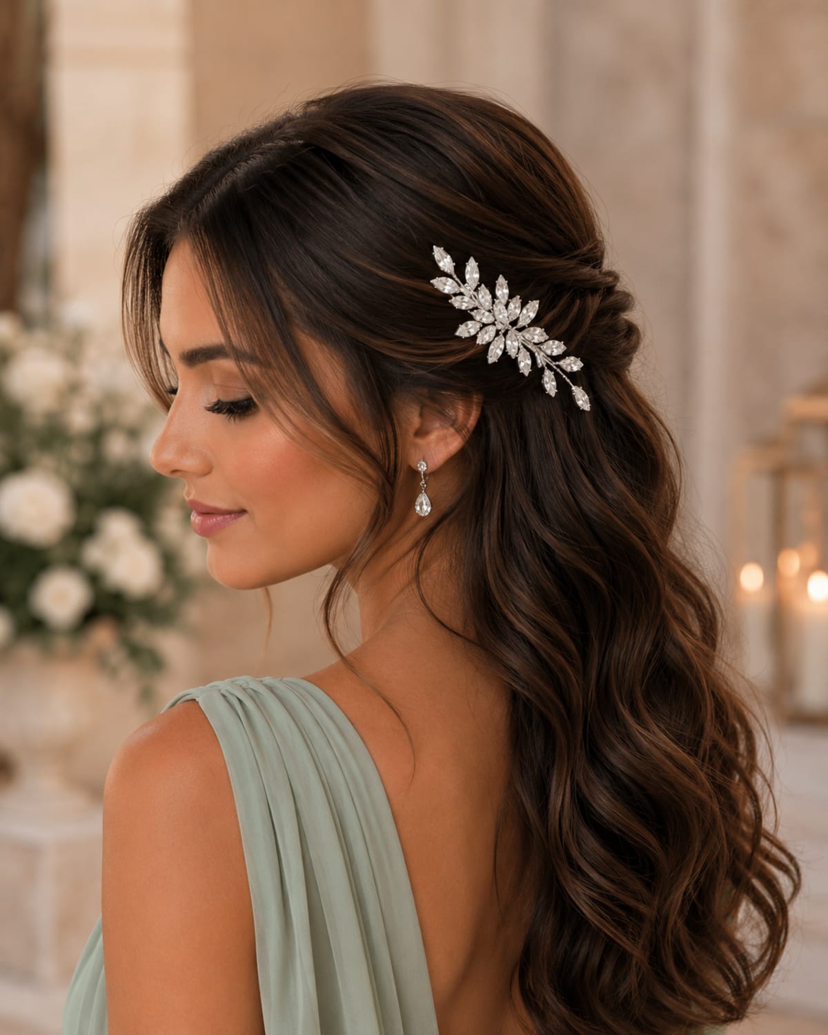 Barrette de coiffure élégante à feuilles et cristaux