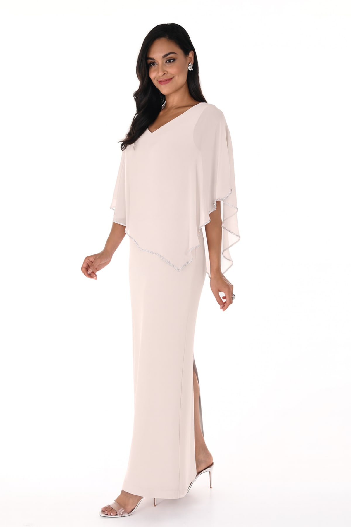 Frédérique — robe longue droite cape boléro asymétrique strass
