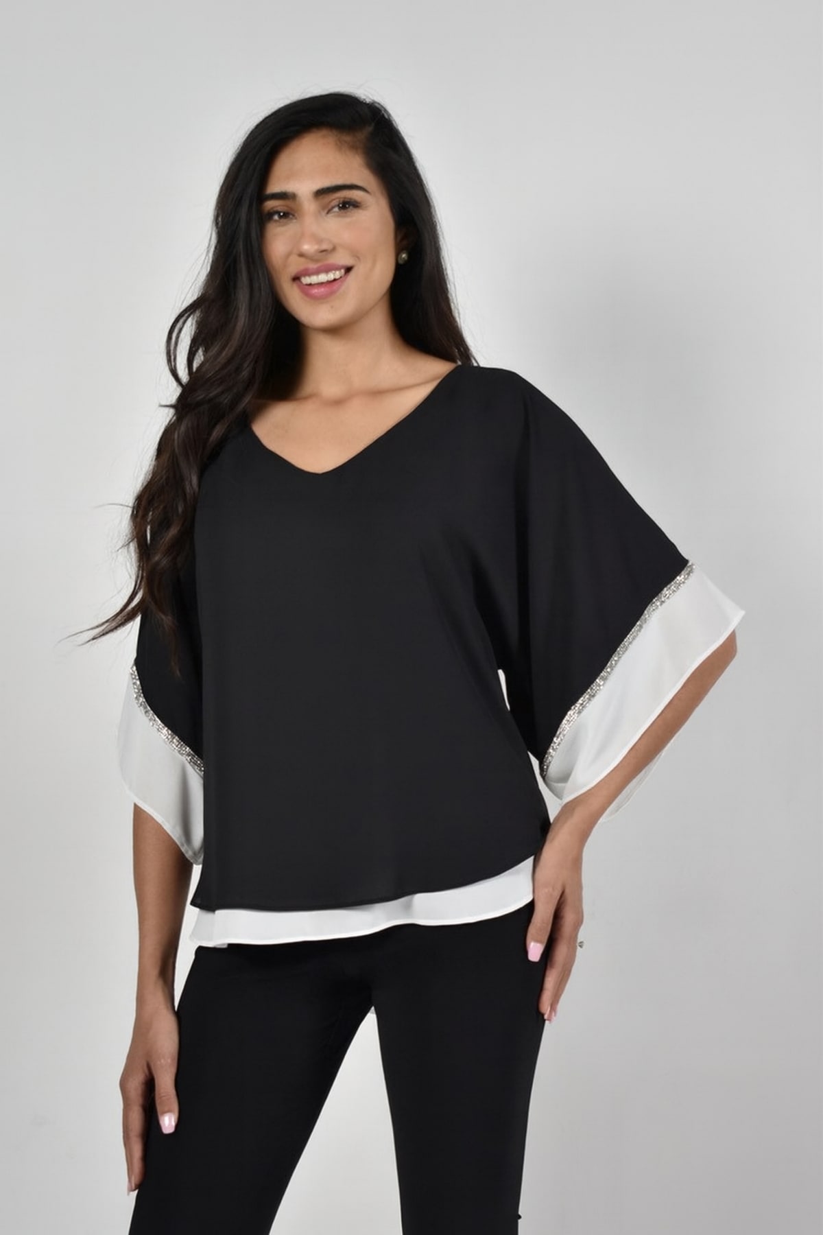 Top Mila fluide mousseline doublé décolleté V manches 3/4 strass