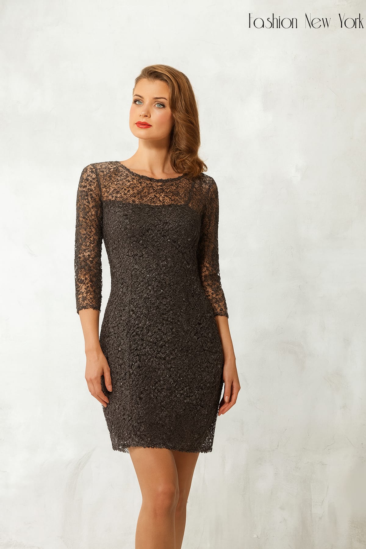 Claire-Marie — robe cocktail courte dentelle ajourée sequins manches longues