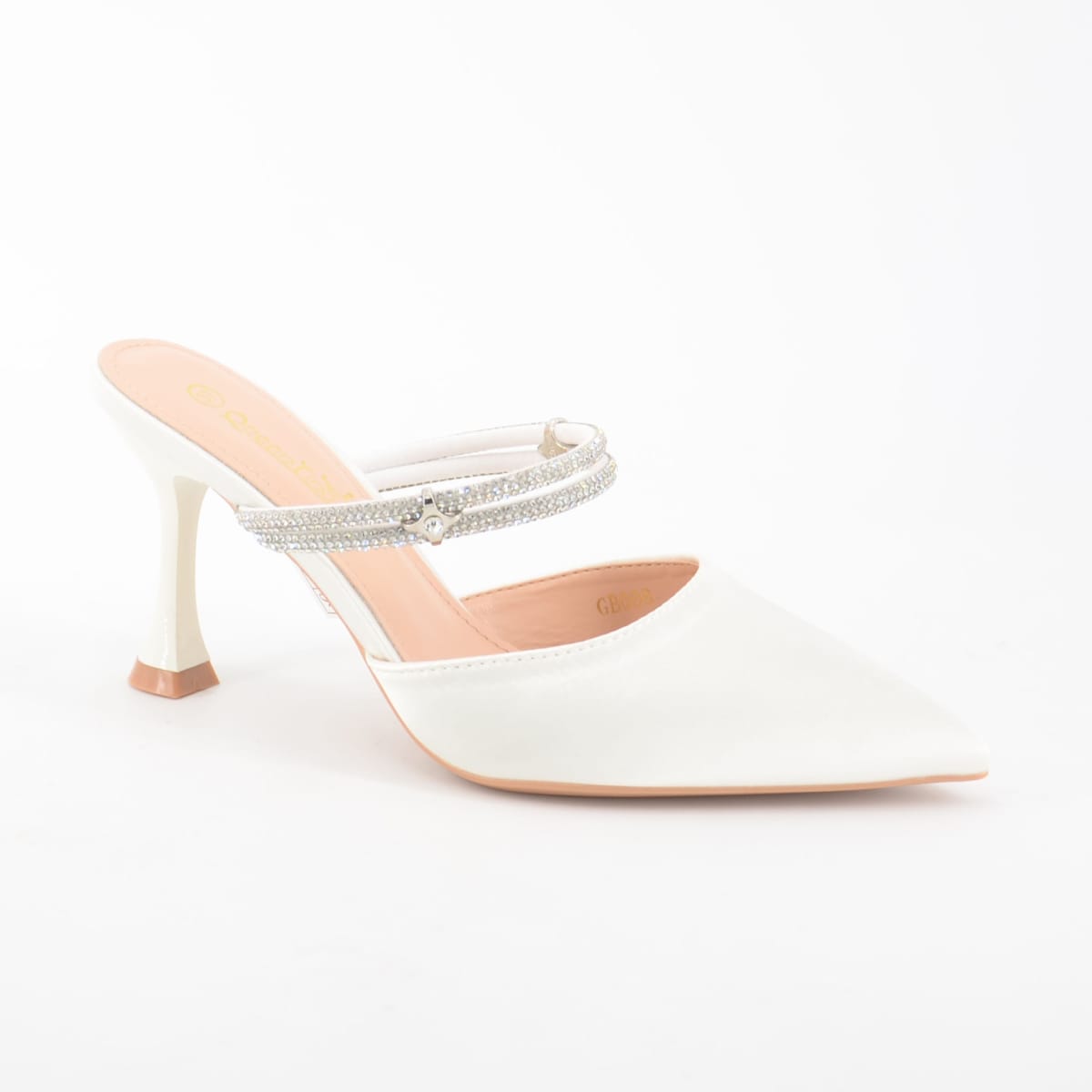 Lune — escarpins ouverts talon fin 8cm satin blanc strass argentés