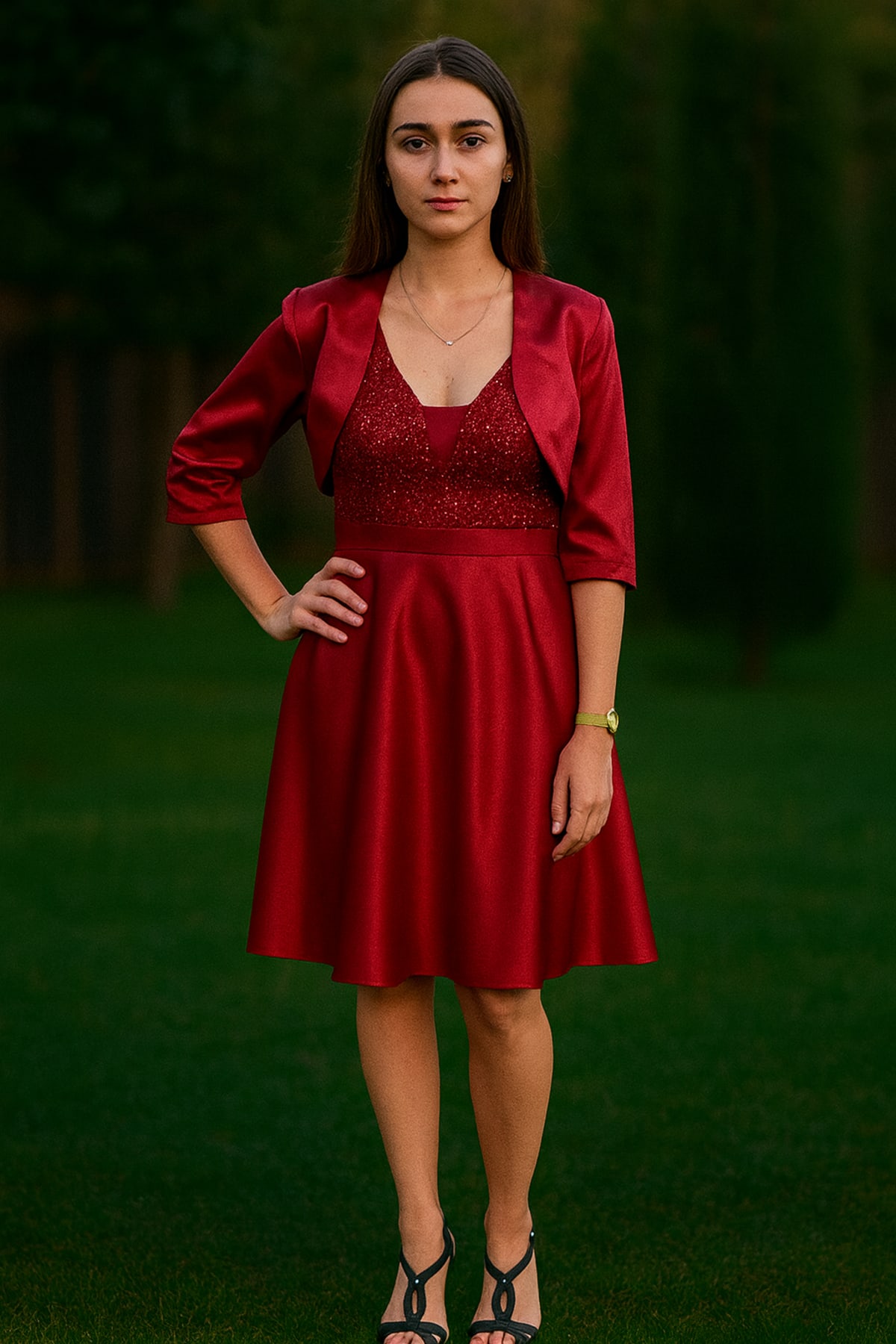 Ciara courte avec Boléro robe satin fluide décolleté V paillettes perles
