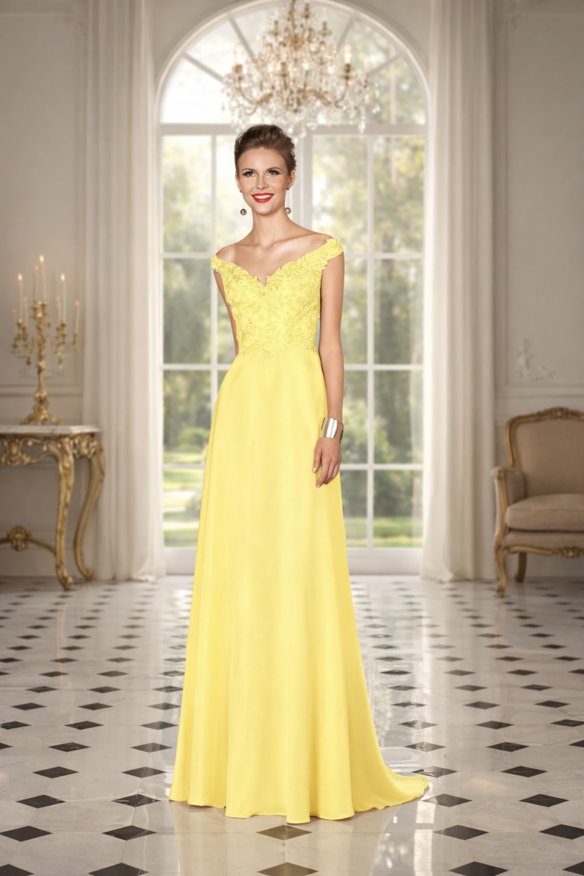 Elliane — robe longue épaules bardot bustier dentelle et perles