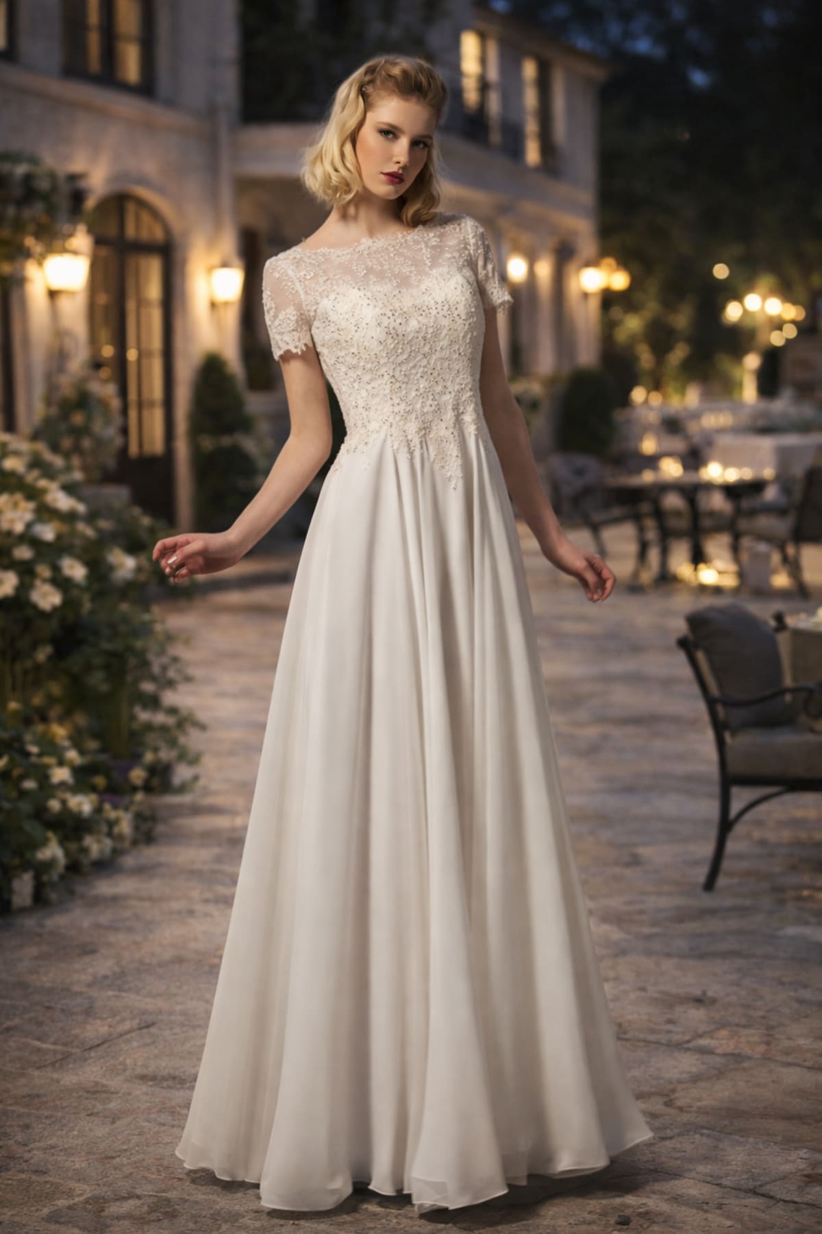Miranda — robe longue dentelle strass manches dos dentelle