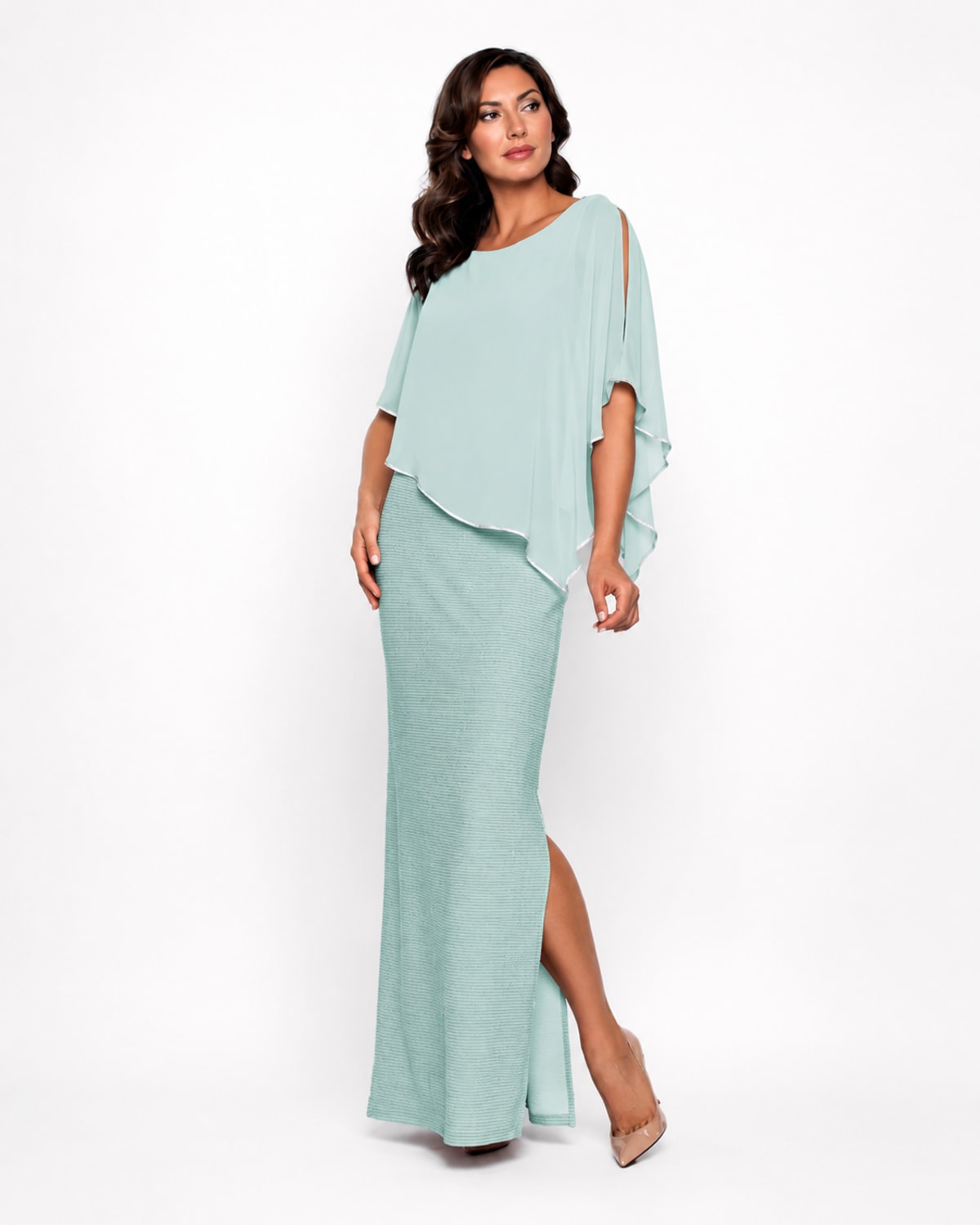 Aleyna — robe longue droite cape mousseline strass fente