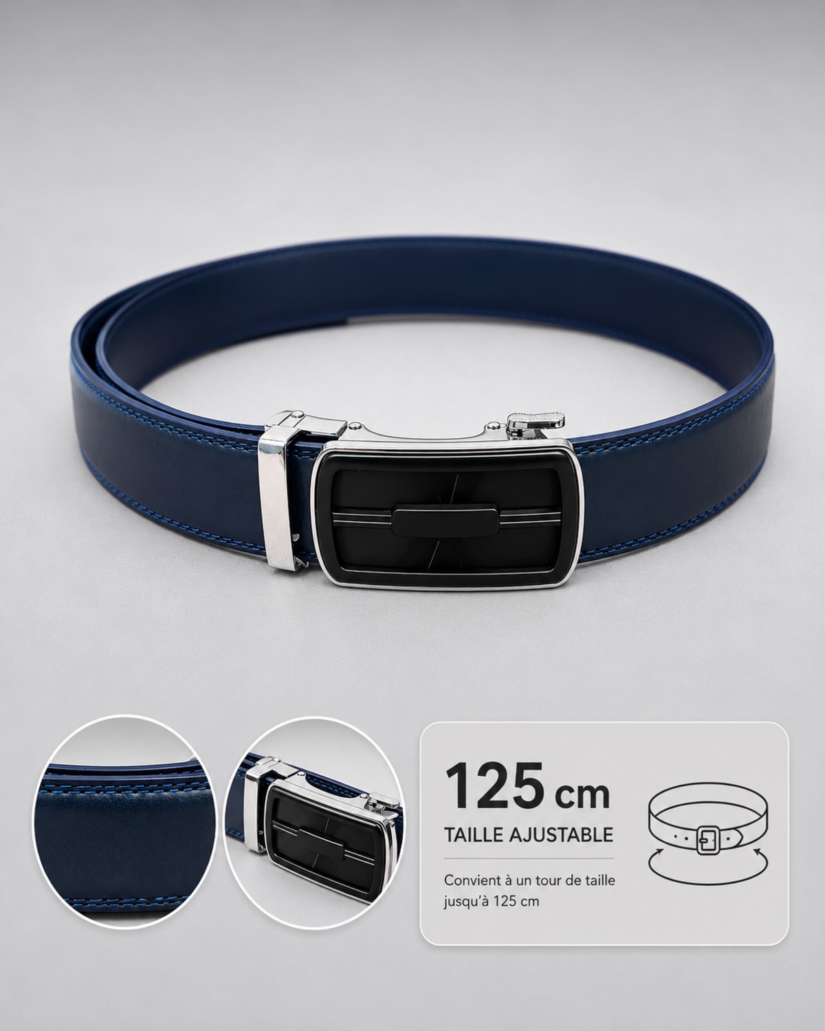 Ceinture homme bleu marine ajustable boucle automatique rectangulaire noire avec contour en métal argenté