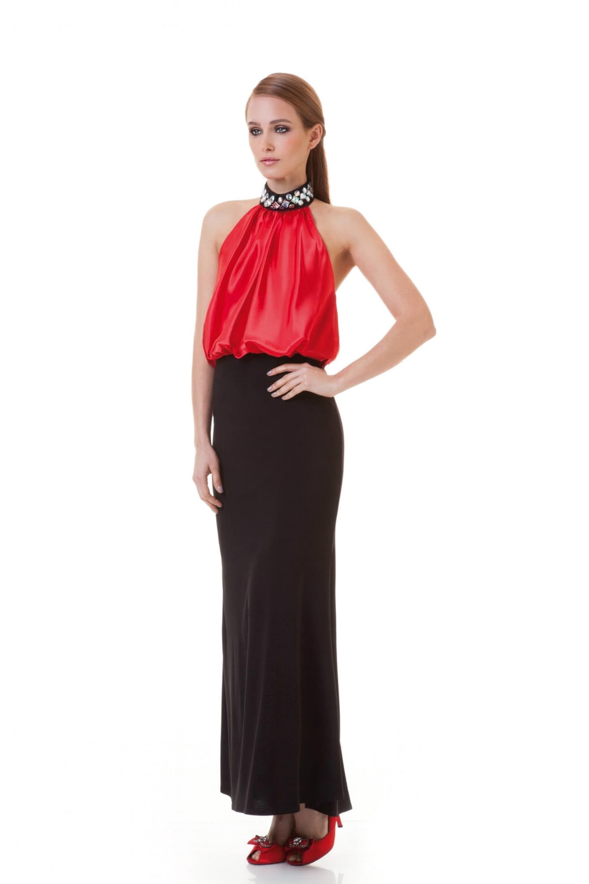 Monika — robe longue fourreau jupe droite noire haut satiné bleu royal dos nu