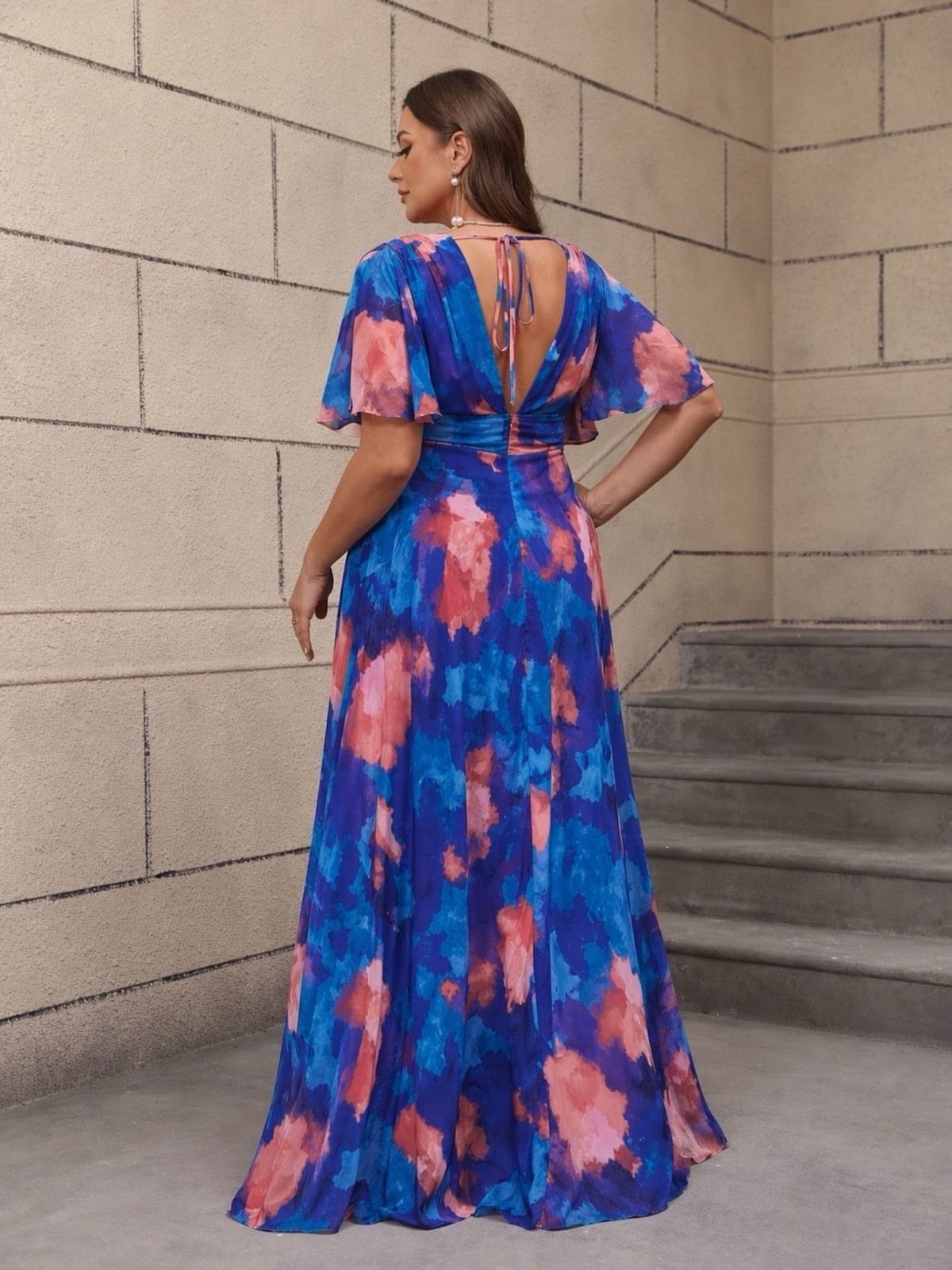Néssa - Robe de cérémonie longue imprimée à manches papillon
