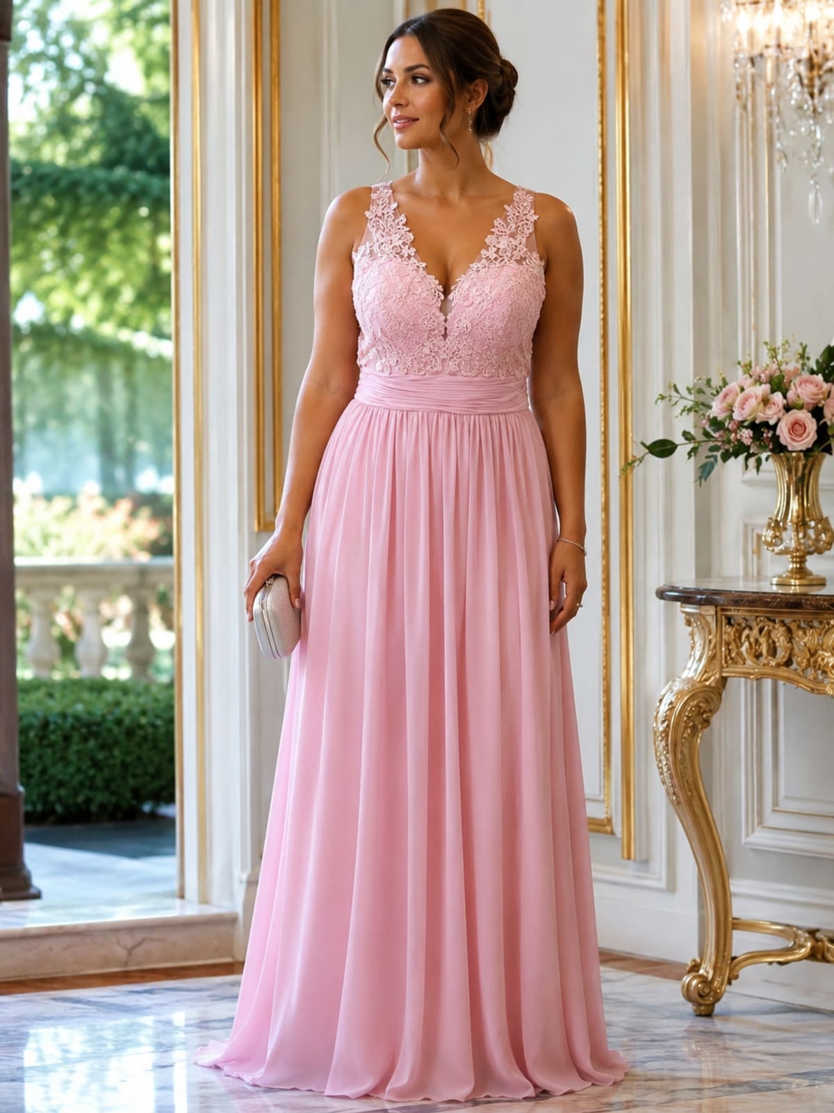 Douce — robe longue fluide décolleté V dentelle strass ceinture drapée