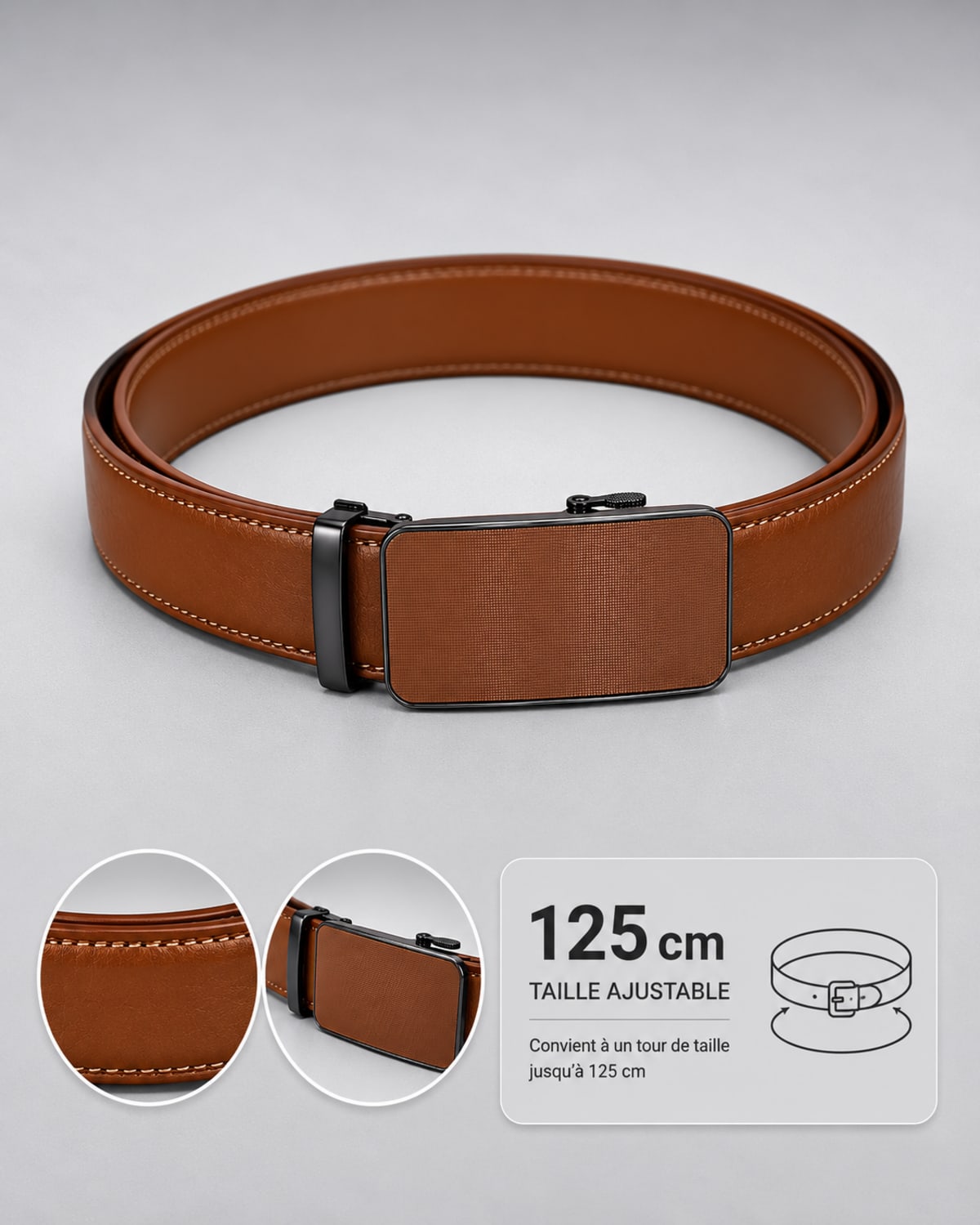 Ceinture homme cognac ajustable boucle automatique rectangulaire façade texturée
