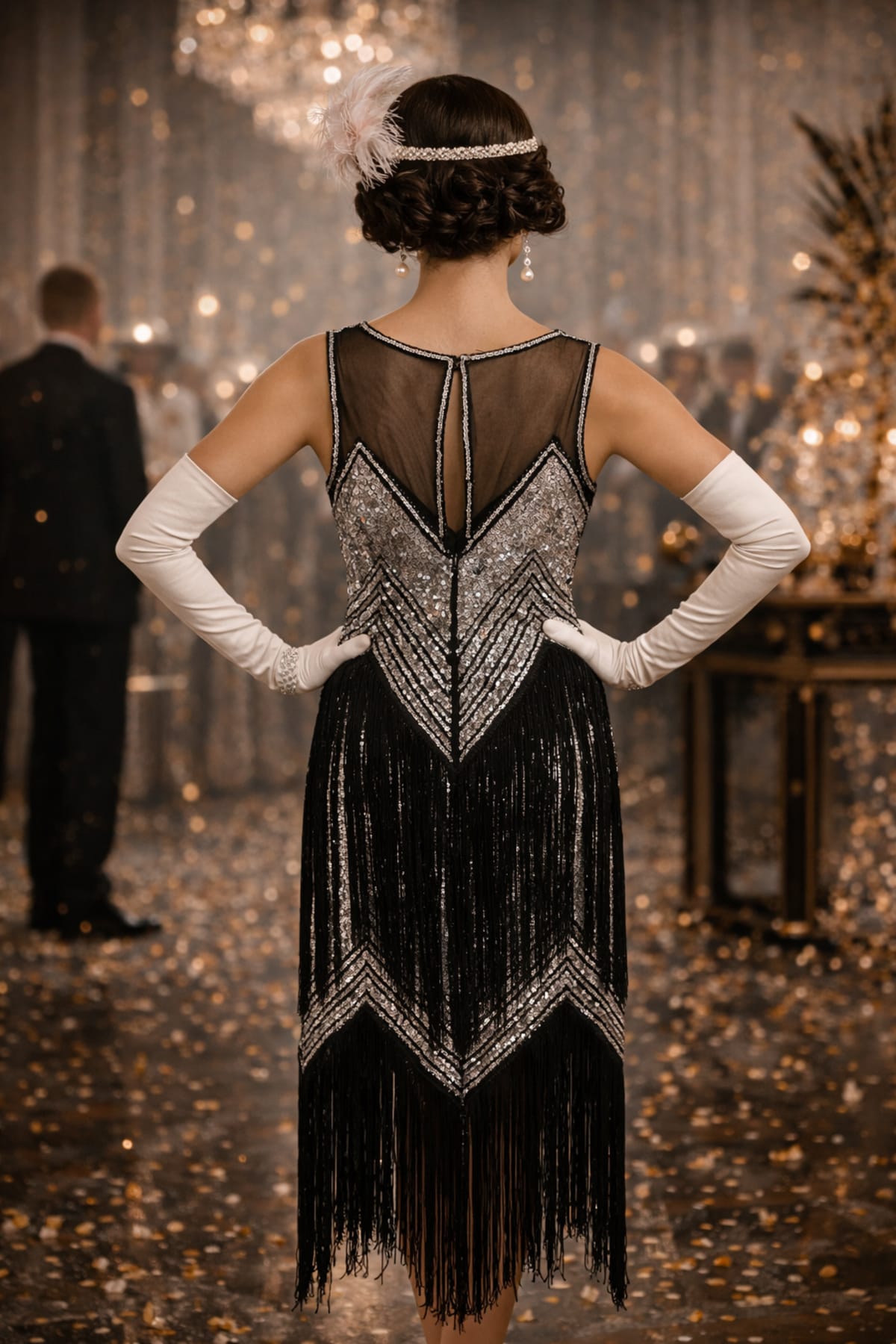 Suzanne — robe mi-longue tulle sequins franges décolleté transparent