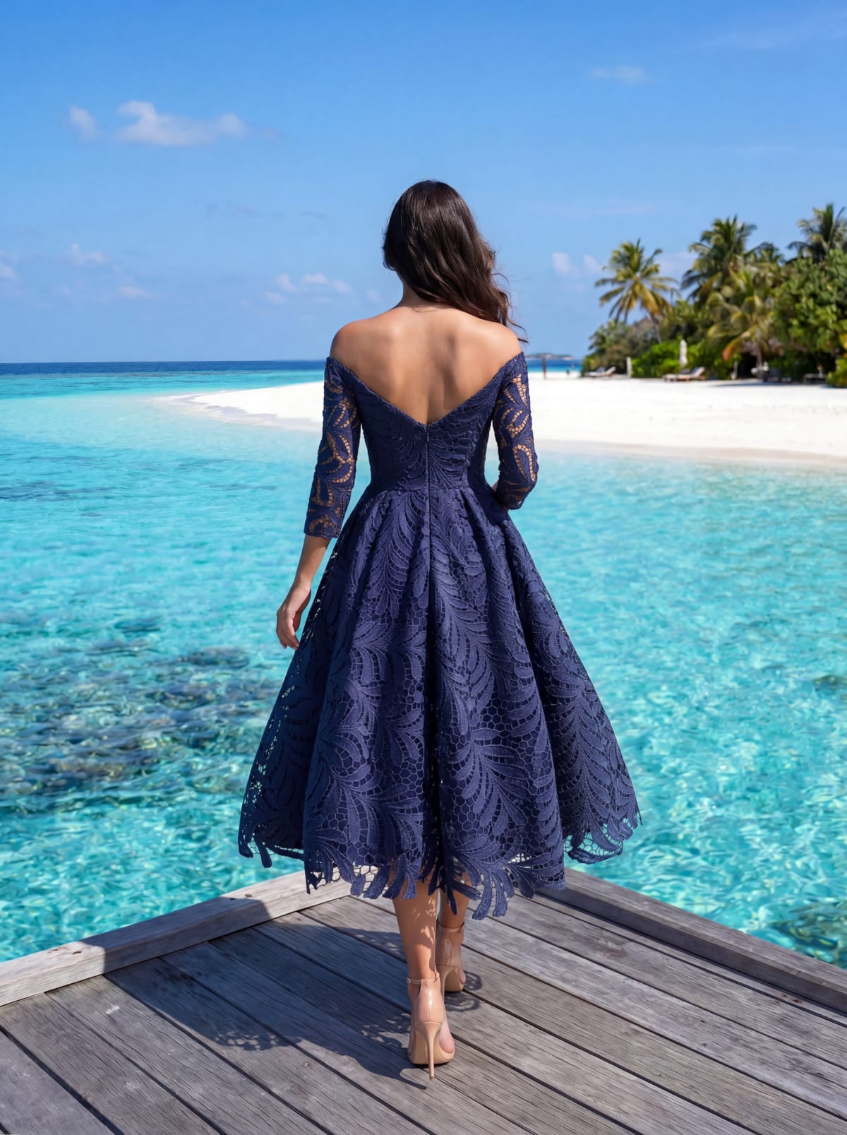 Oprah - Robe en dentelle guipure longueur midi – épaules dénudées et manches 3/4
