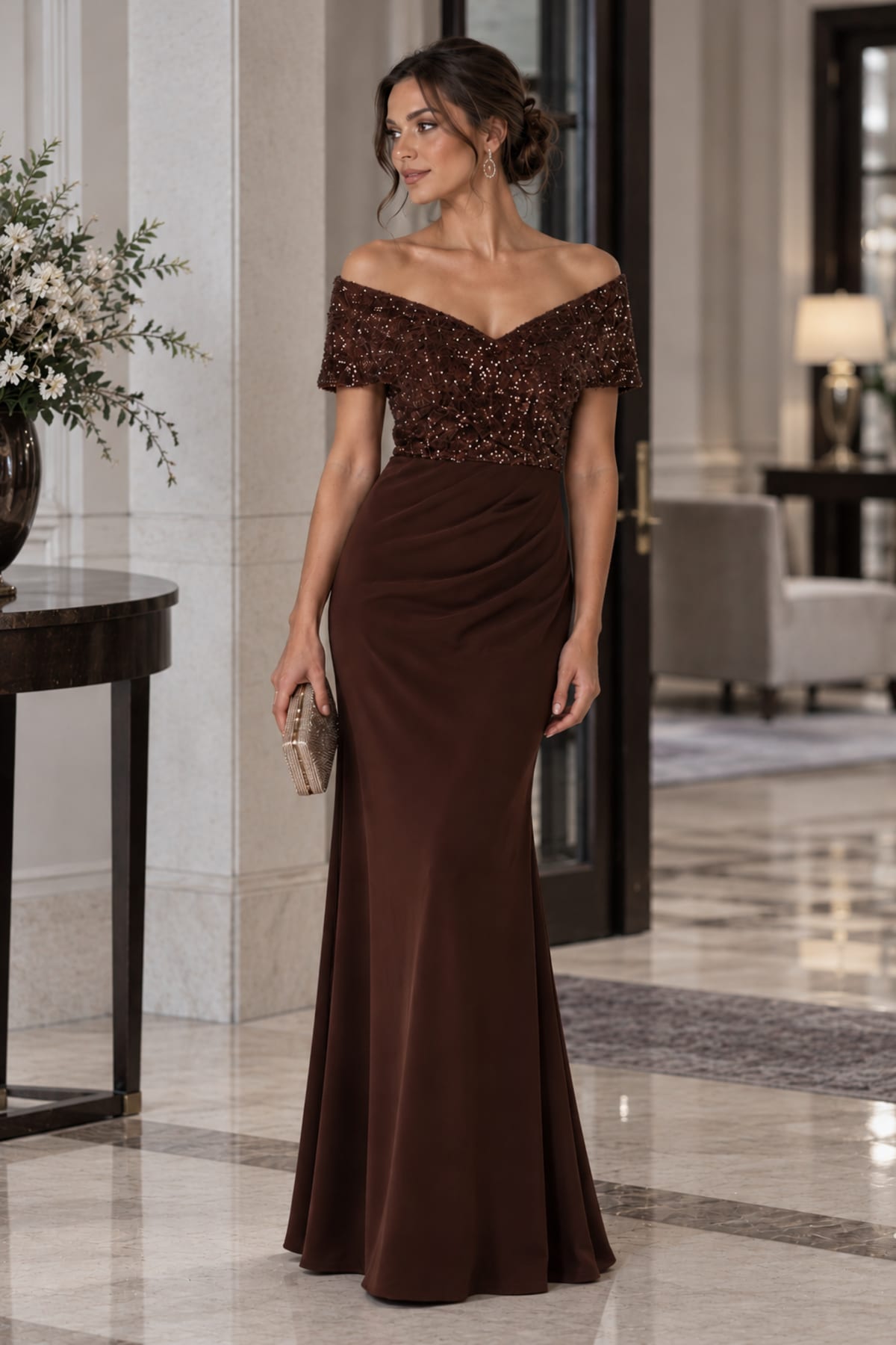 Bryana - Robe longue de soirée à bustier pailleté, épaules dénudées et jupe drapée