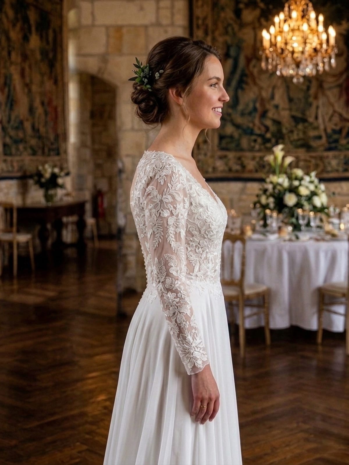 Milly - Robe de mariée bohème en broderie florale à manches longues et jupe fluide