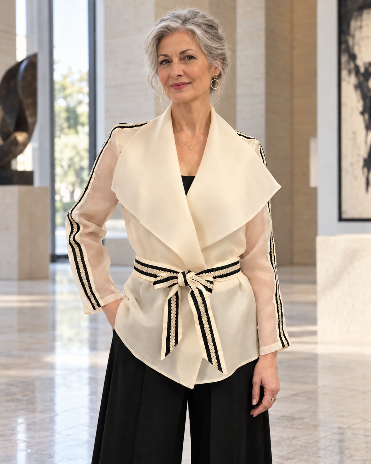 Veste fluide en organza – col cascade et ceinture contrastée_new