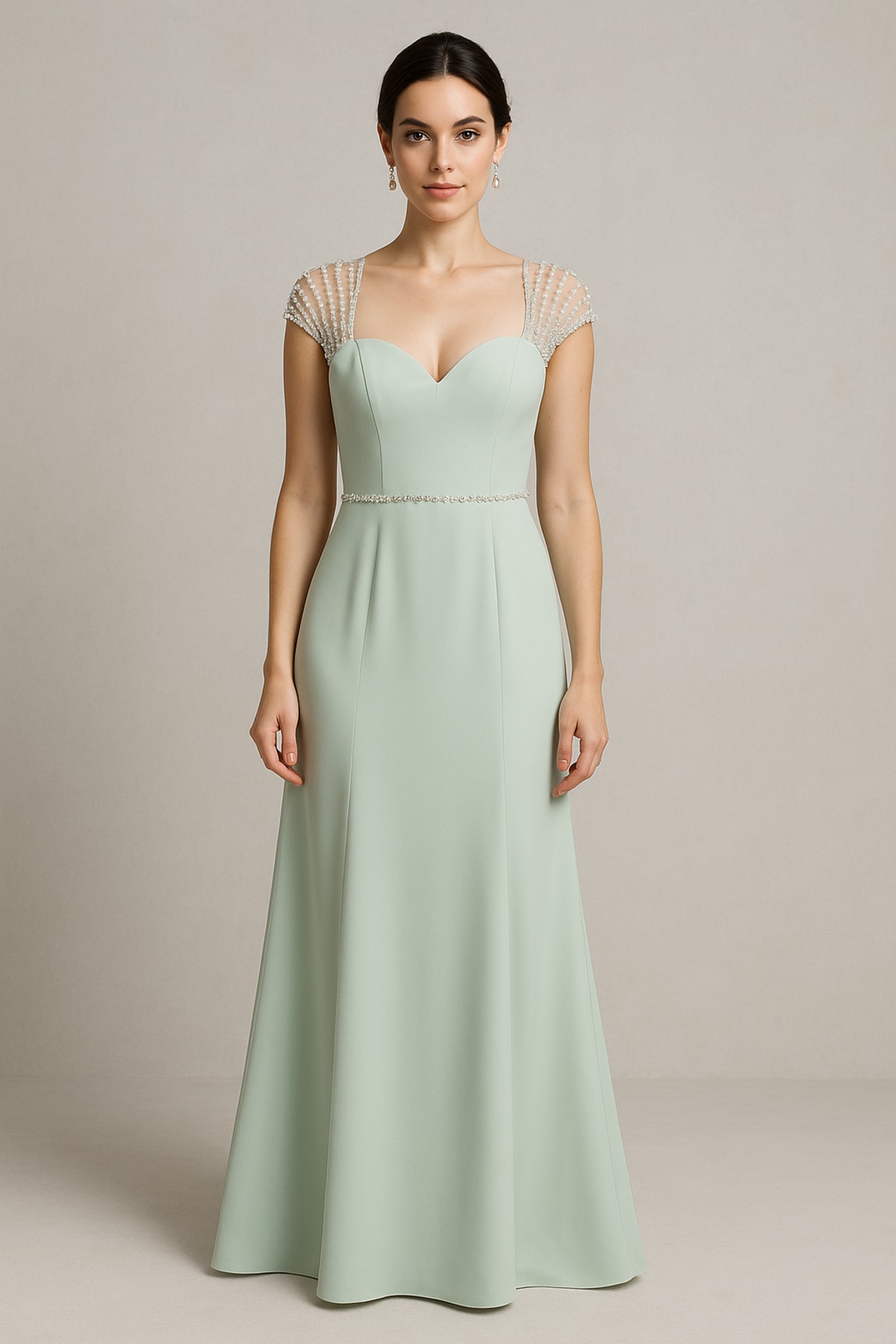 Lucia — robe longue crêpe décolleté cœur perles ceinture strass dos tulle perlé