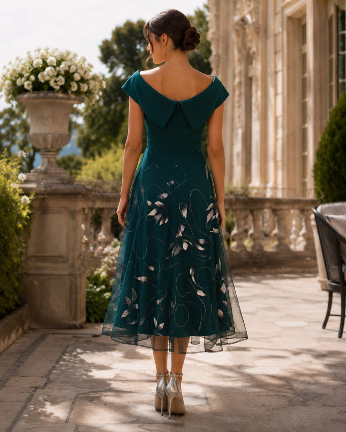 Ilana — robe 3/4 décolleté bateau crêpe et tulle métallisé