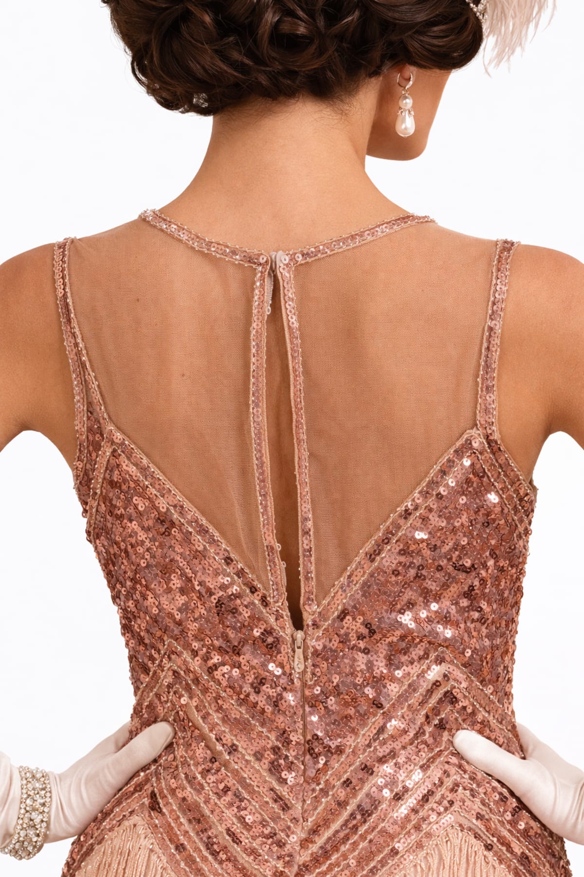 Suzanne — robe mi-longue tulle sequins franges décolleté transparent