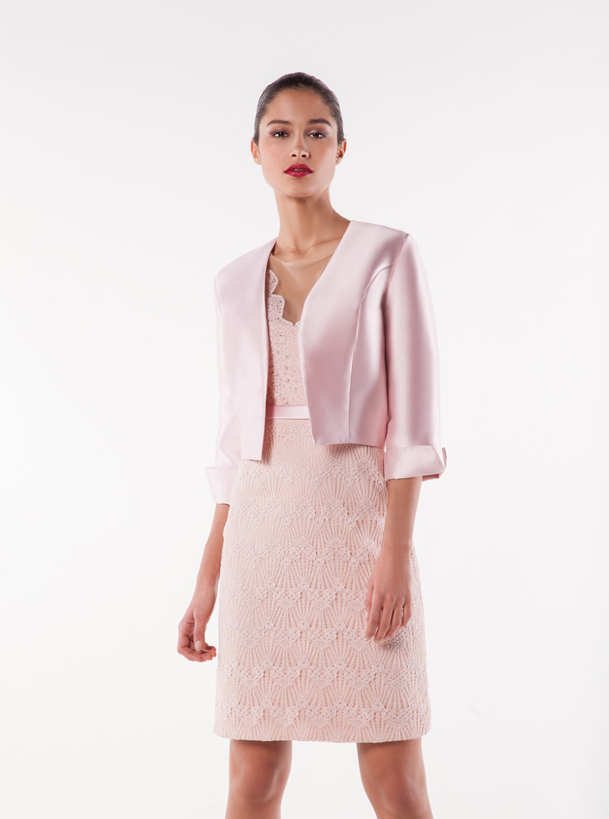 Denise — robe tailleur dentelle strass ceinture satinée veste manches 3/4