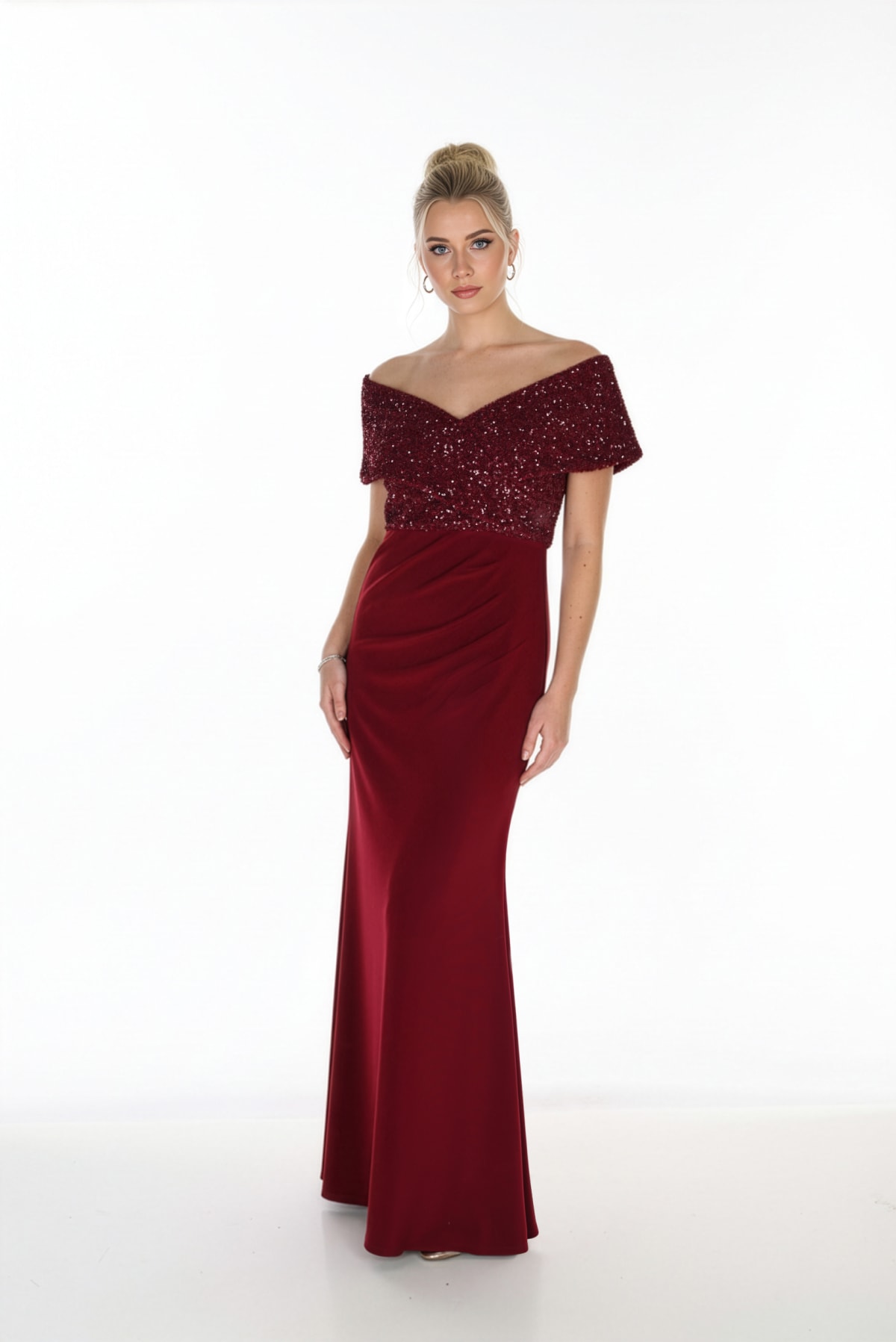 Bryana - Robe longue de soirée à bustier pailleté, épaules dénudées et jupe drapée