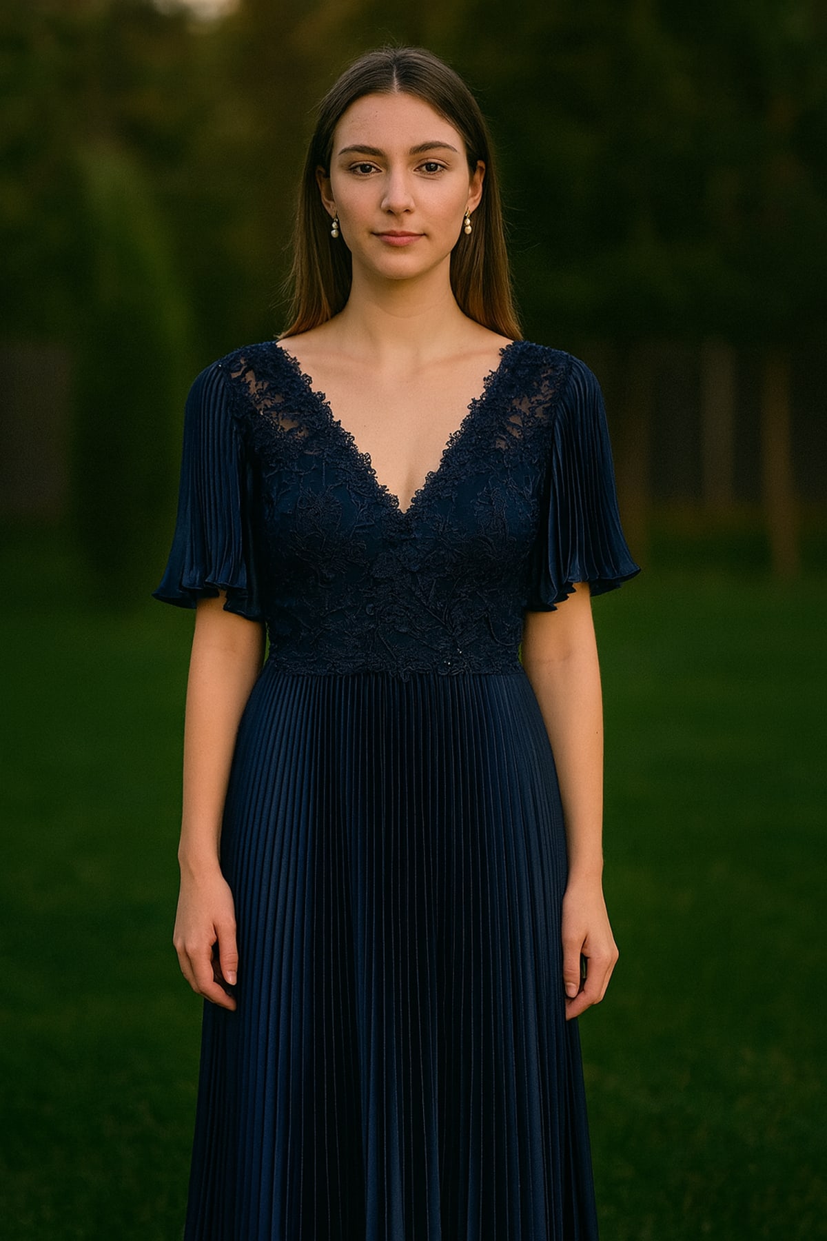 Arlette — robe longue fluide broderie décolleté V plissé soleil