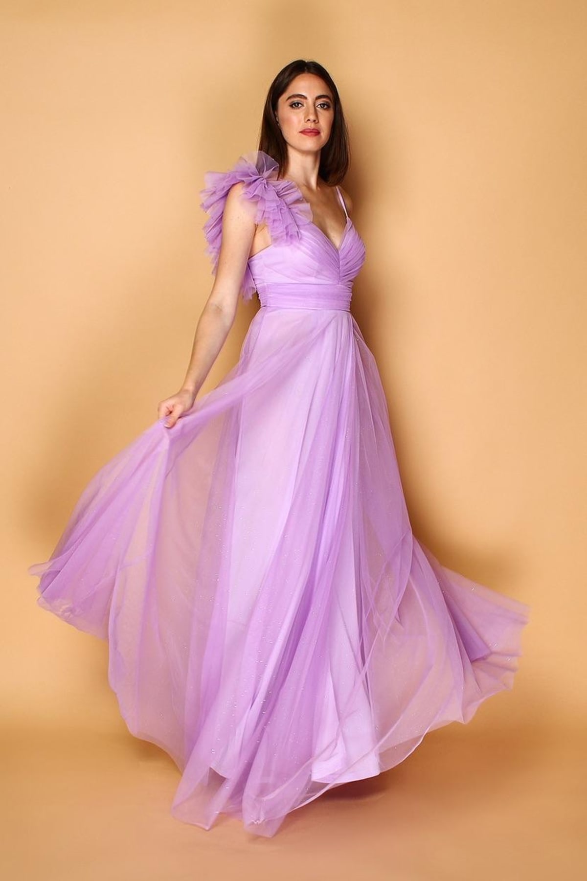 Liliana — robe longue tulle pailleté buste croisé ceinture