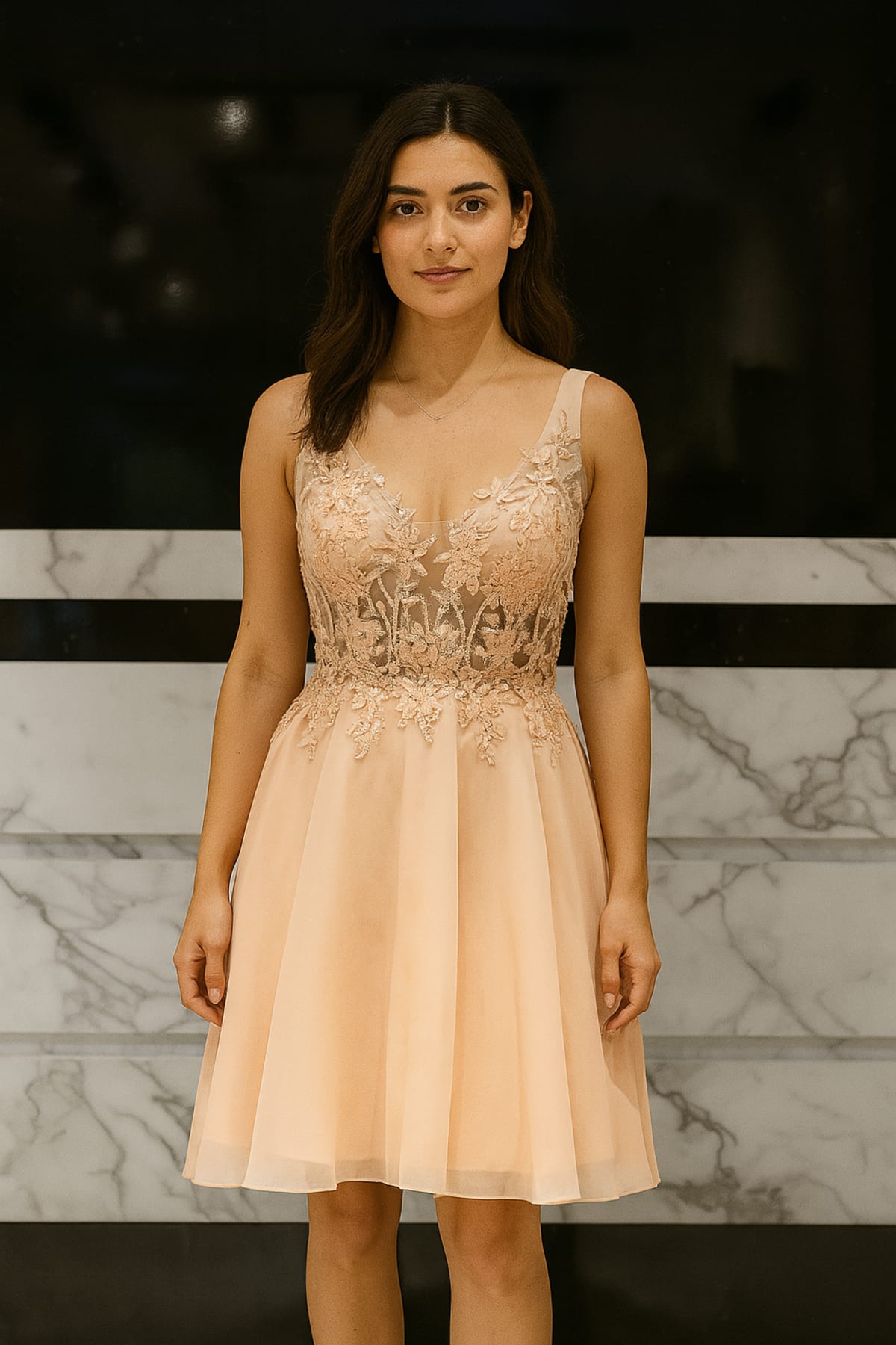 Eva — robe courte évasée décolleté V dentelle strass jupe mousseline